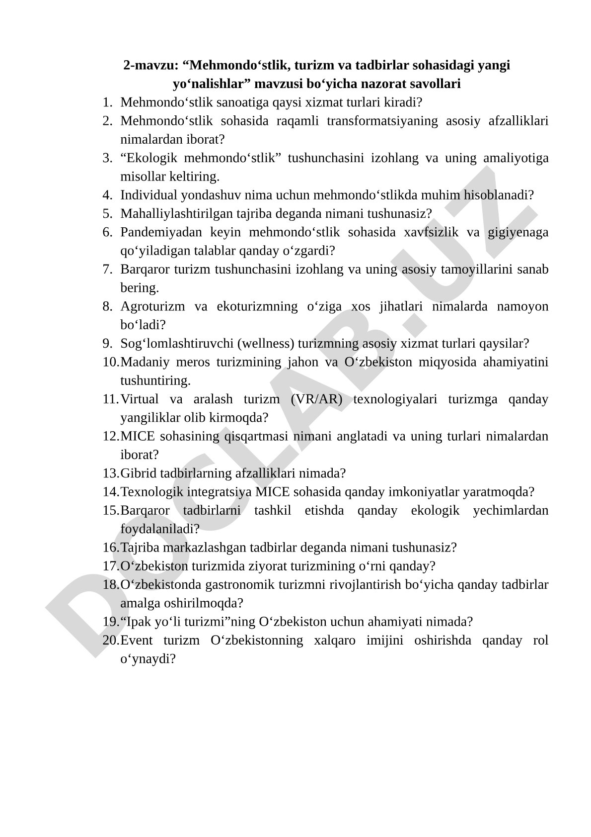 Mehmondo‘stlik, turizm va tadbirlar sohasidagi yangi yo‘nalishlar