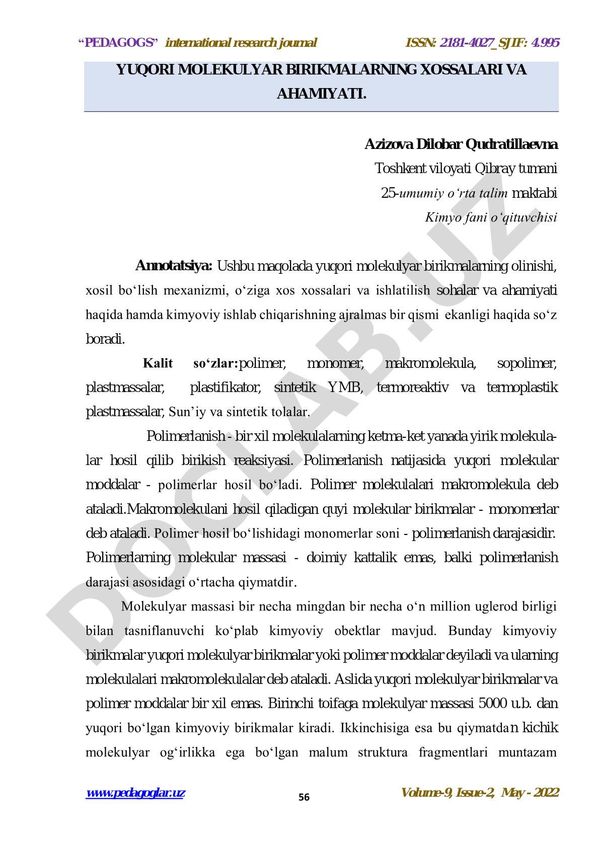 Yuqori molekulyar birikmalarning xossalari va ahamiyati