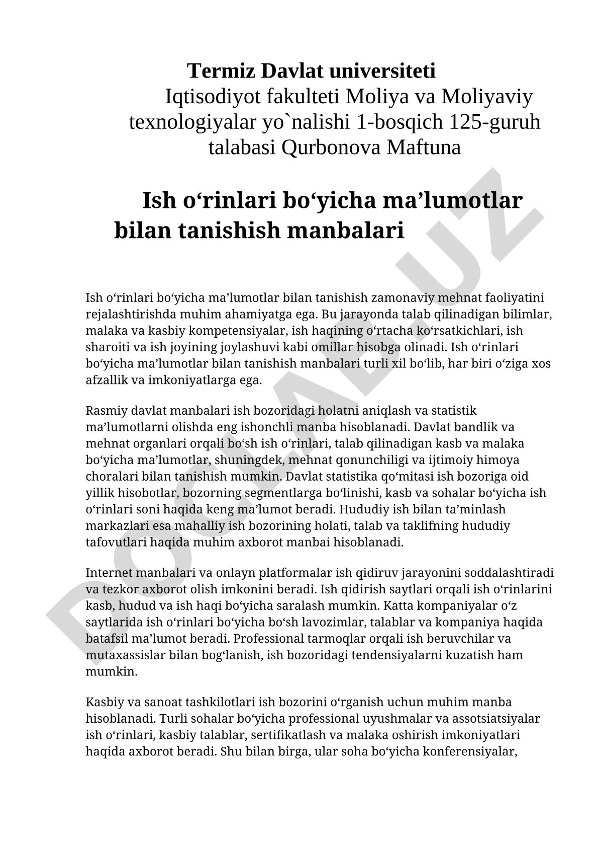 Ish o'rinlari bo'yicha ma'lumotlar bilan tanishish manbalari