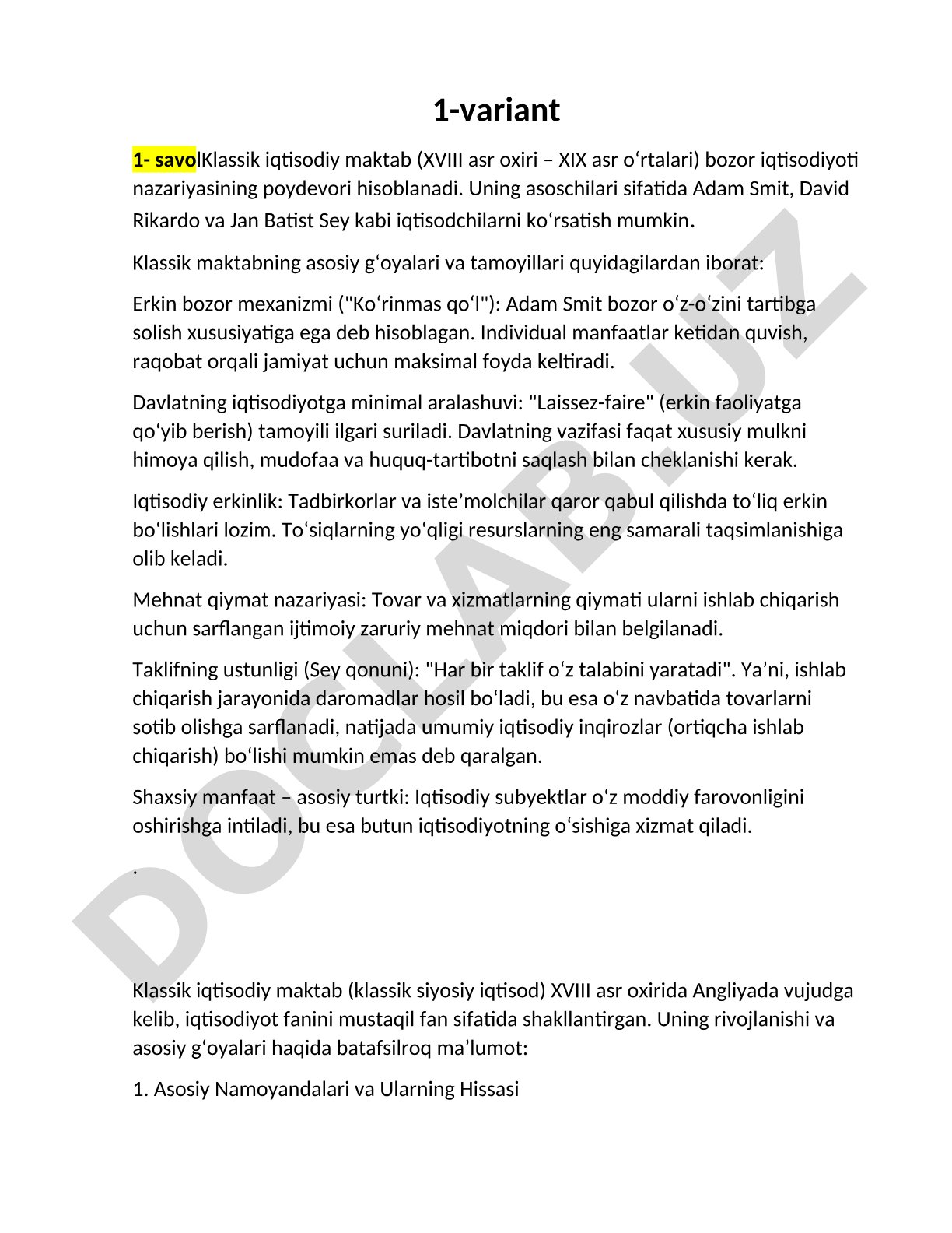 Klassik iqtisodiy maktab (XVIII asr oxiri – XIX asr o'rtalari)