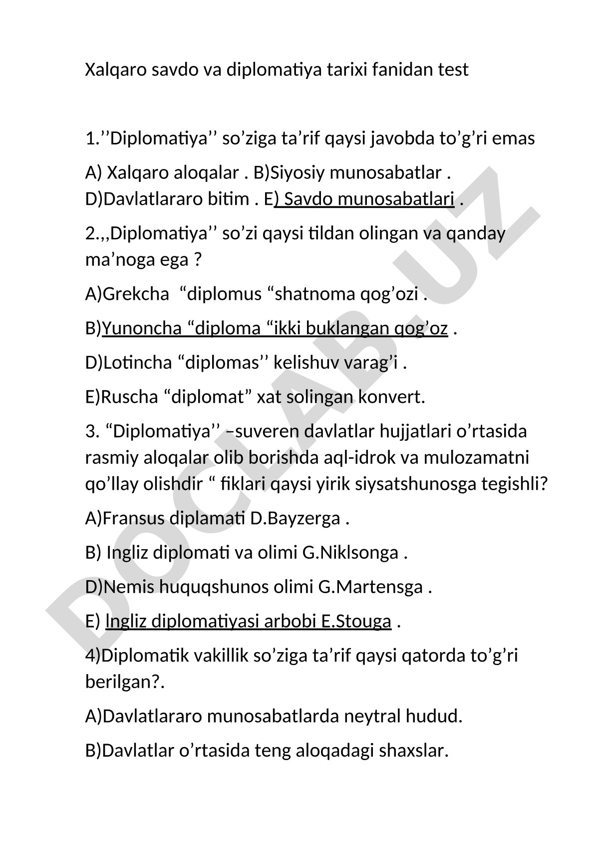 Xalqaro savdo va diplomatiya tarixi fanidan test