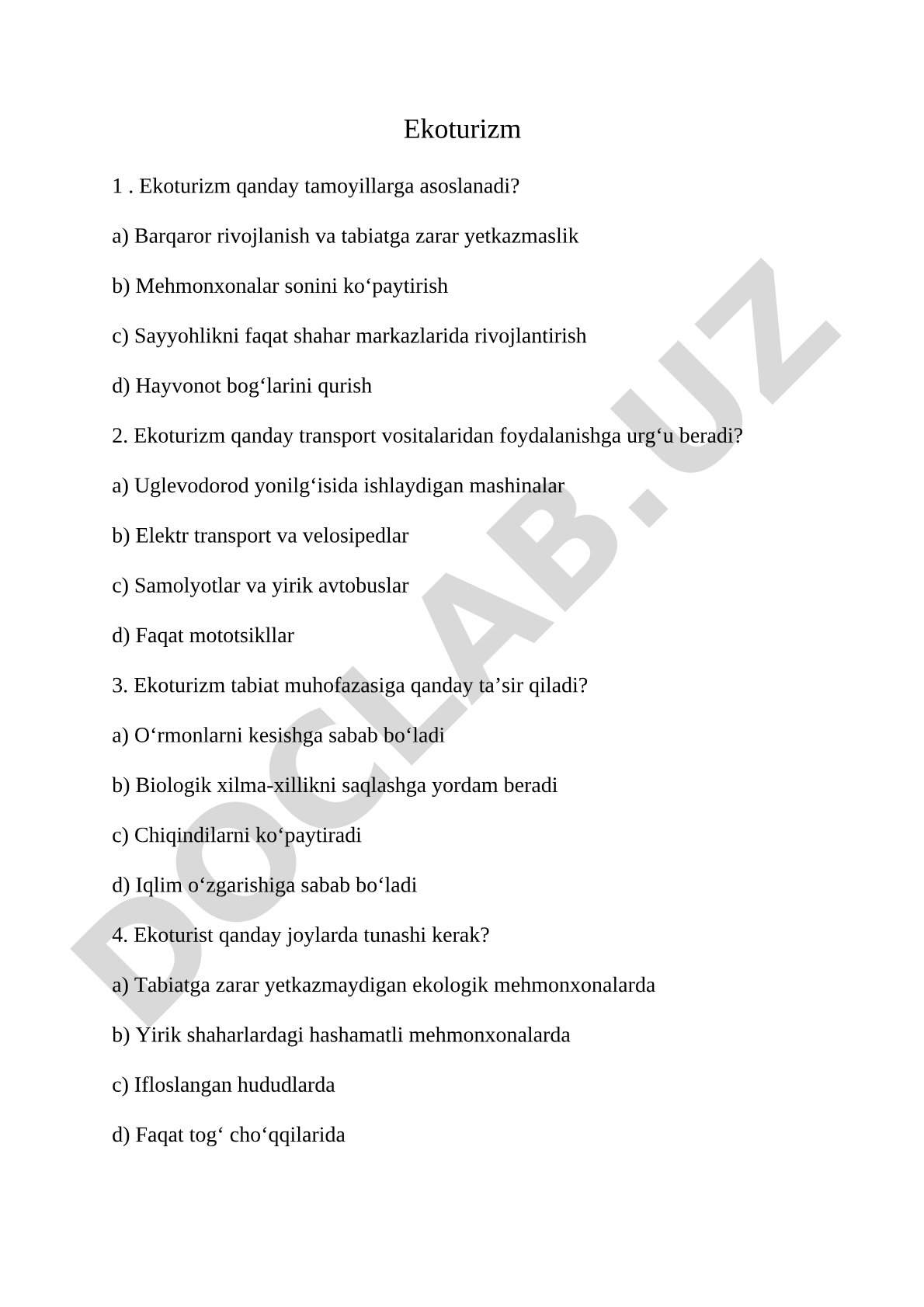 Ekoturizm tamoyillari va foydalari