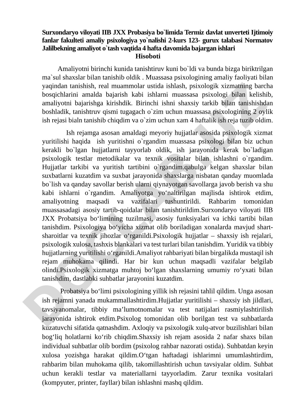 Surxondaryo viloyati IIB JXX Probasiya bo'limida amaliyot o'tash hisoboti