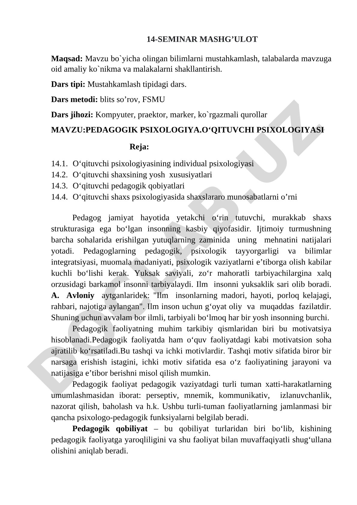 Pedagogik psixologiya. O'qituvchi psixologiyasi