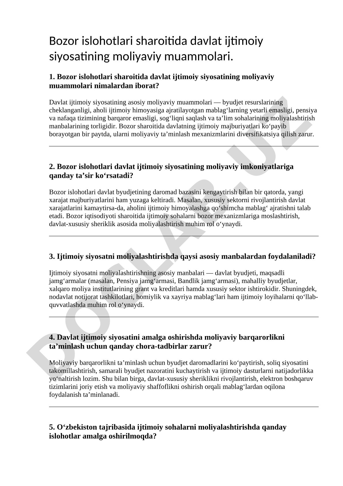 Bozor islohotlari sharoitida davlat ijtimoiy siyosatining moliyaviy muammolari
