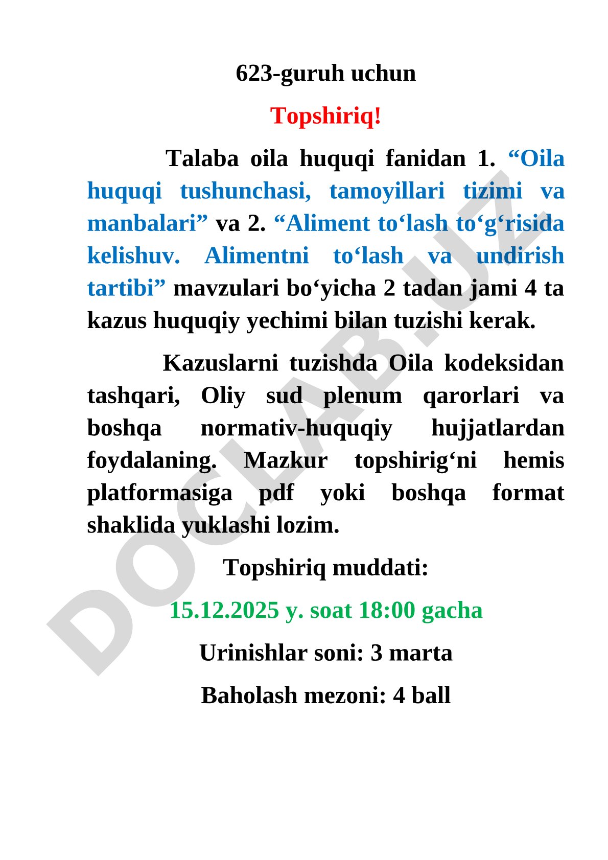 Oila huquqi fanidan kazus tuzish topshirig'i