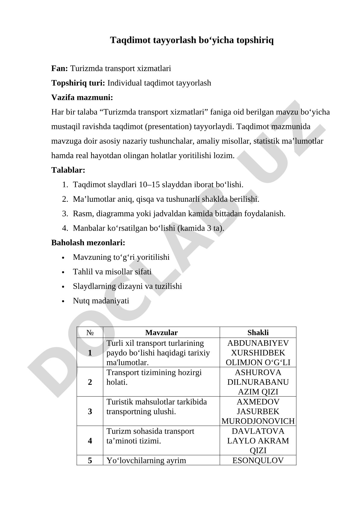 Turizmda transport xizmatlari fanidan taqdimot tayyorlash topshirig'i