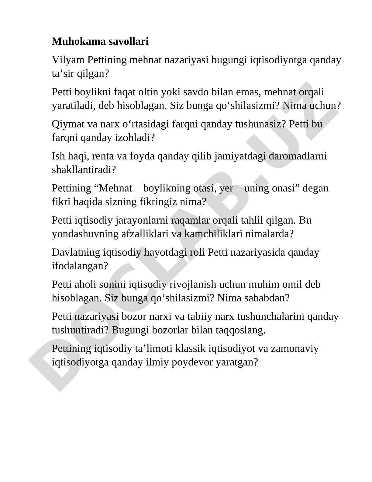 Vilyam Pettining mehnat nazariyasi va uning iqtisodiyotga ta'siri
