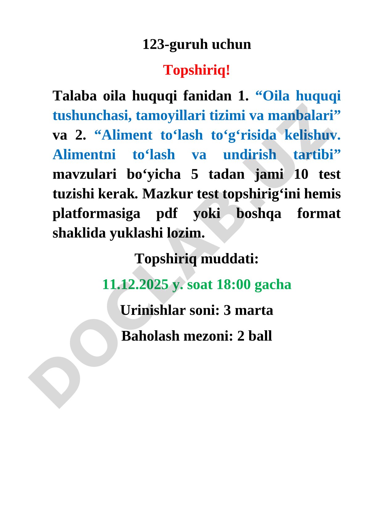 Oila huquqi fanidan test tuzish topshirig'i