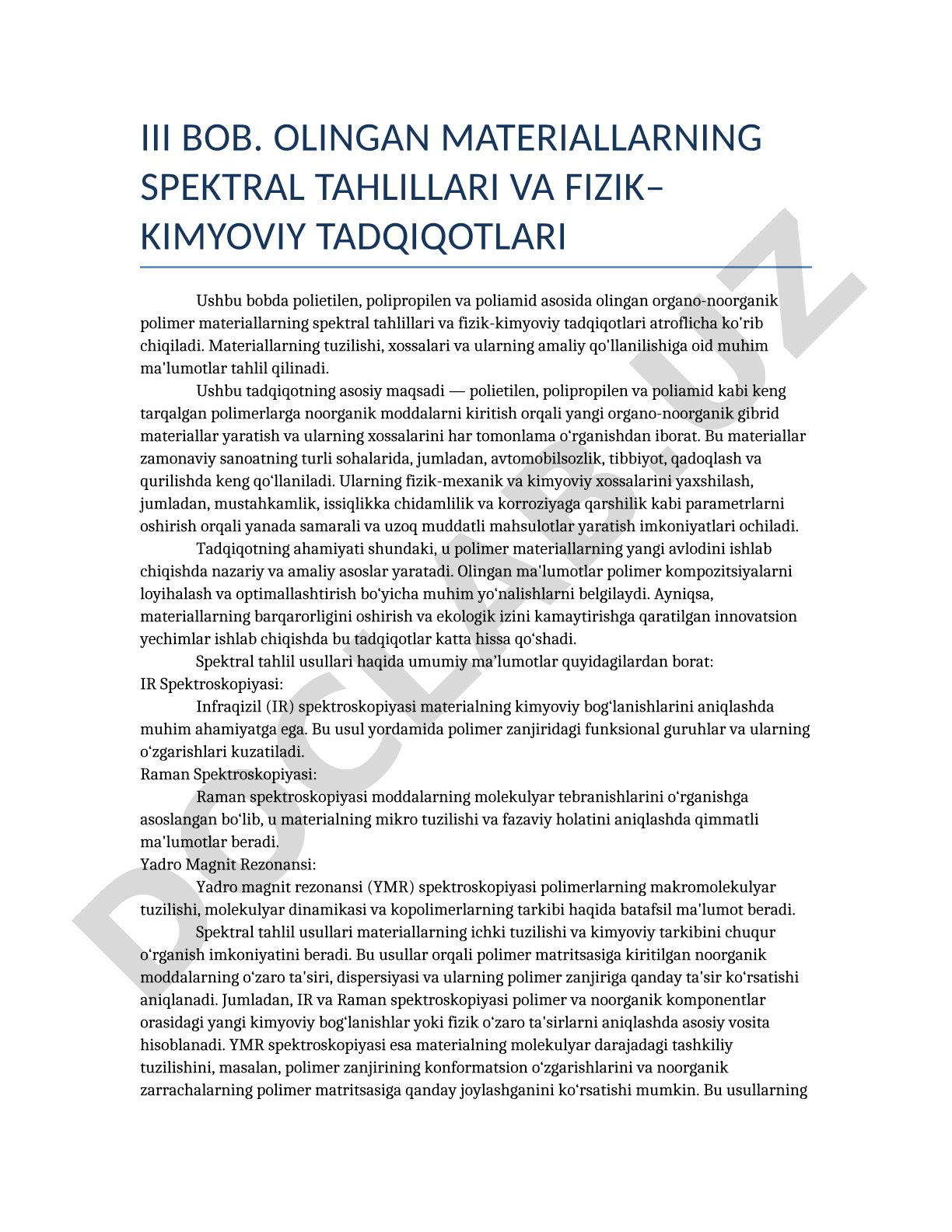 Polietilen, polipropilen va poliamid asosida olingan organo-noorganik polimer materiallarning spektral tahlillari va fizik-kimyoviy tadqiqotlari