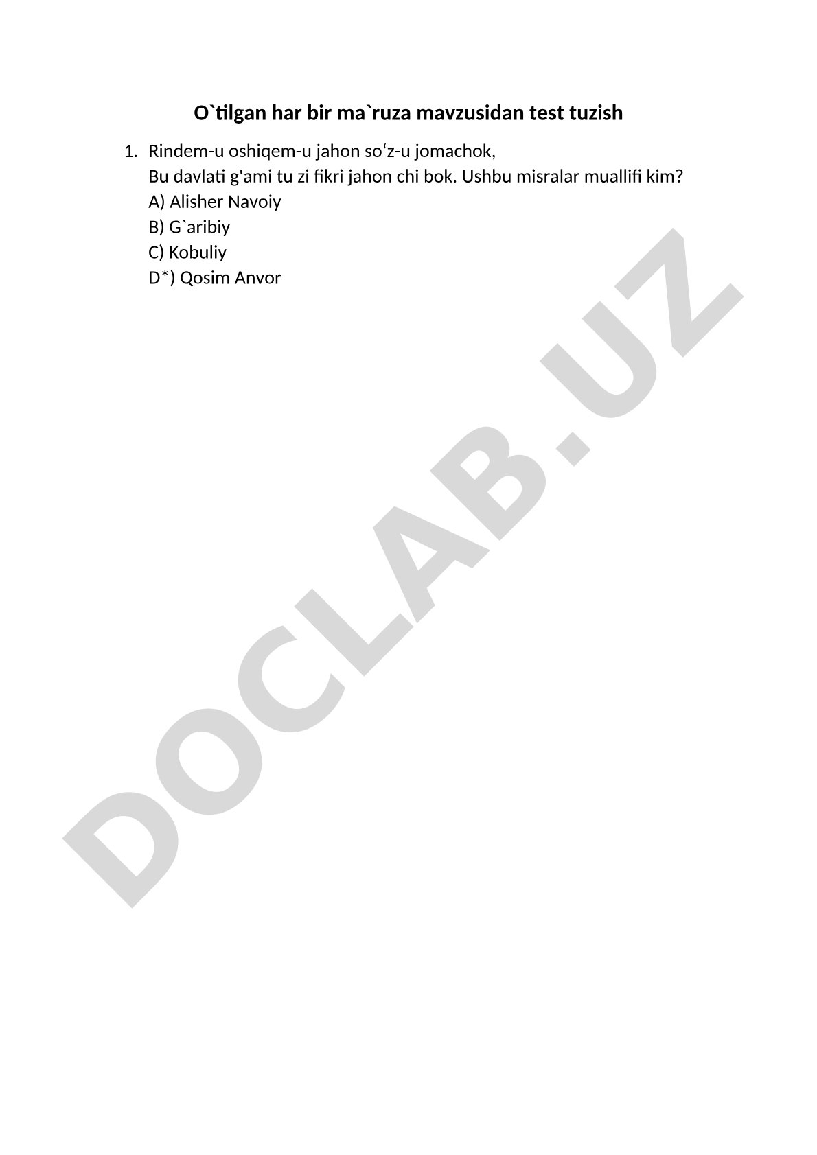 O'tilgan har bir ma'ruza mavzusidan test tuzish