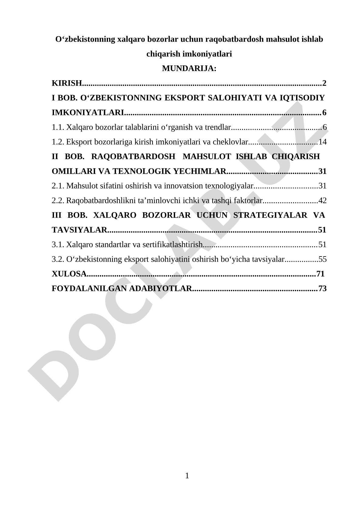 O‘zbekistonning xalqaro bozorlar uchun raqobatbardosh mahsulot ishlab chiqarish imkoniyatlari