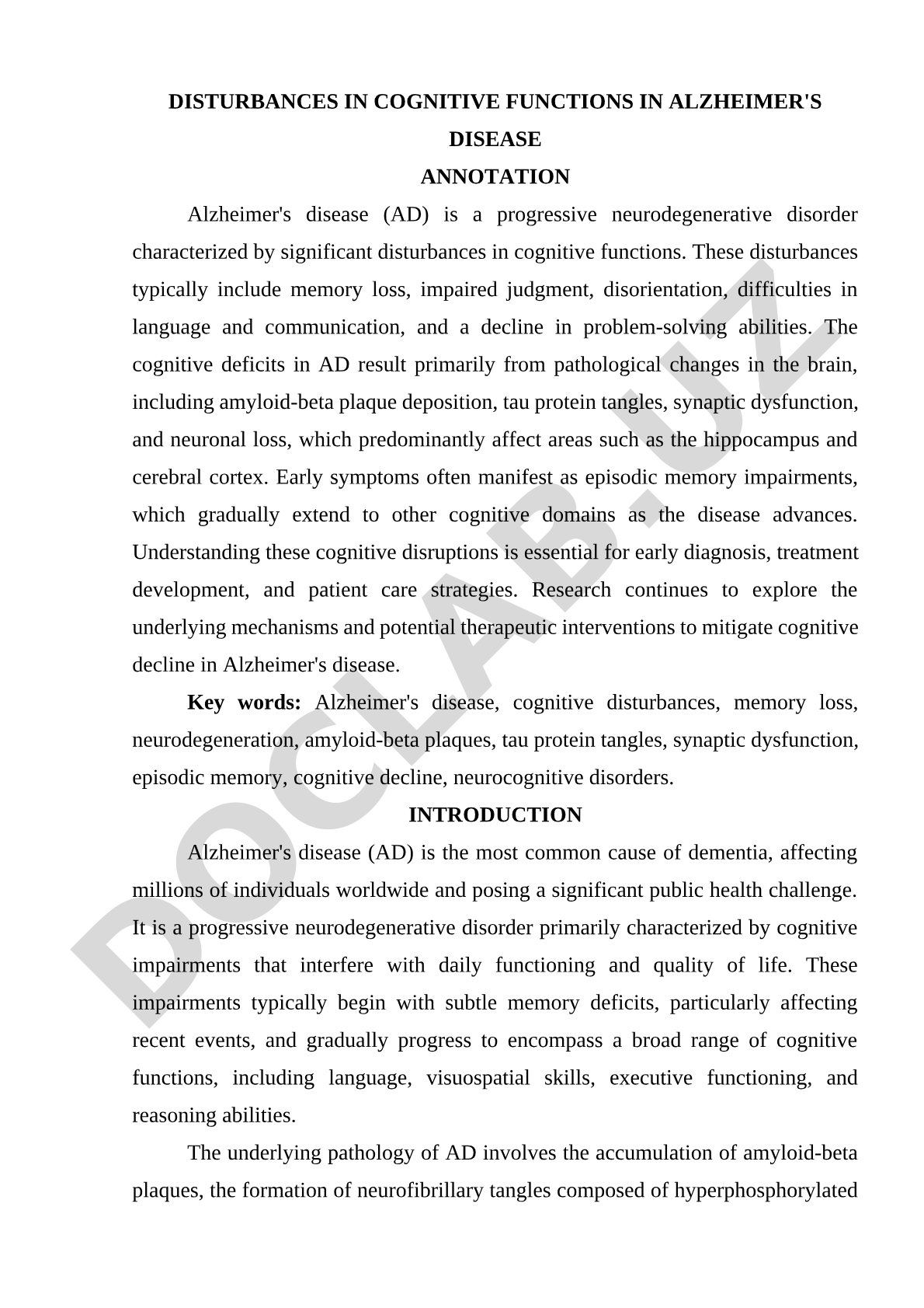 Disturbances in Cognitive Functions in Alzheimer's Disease