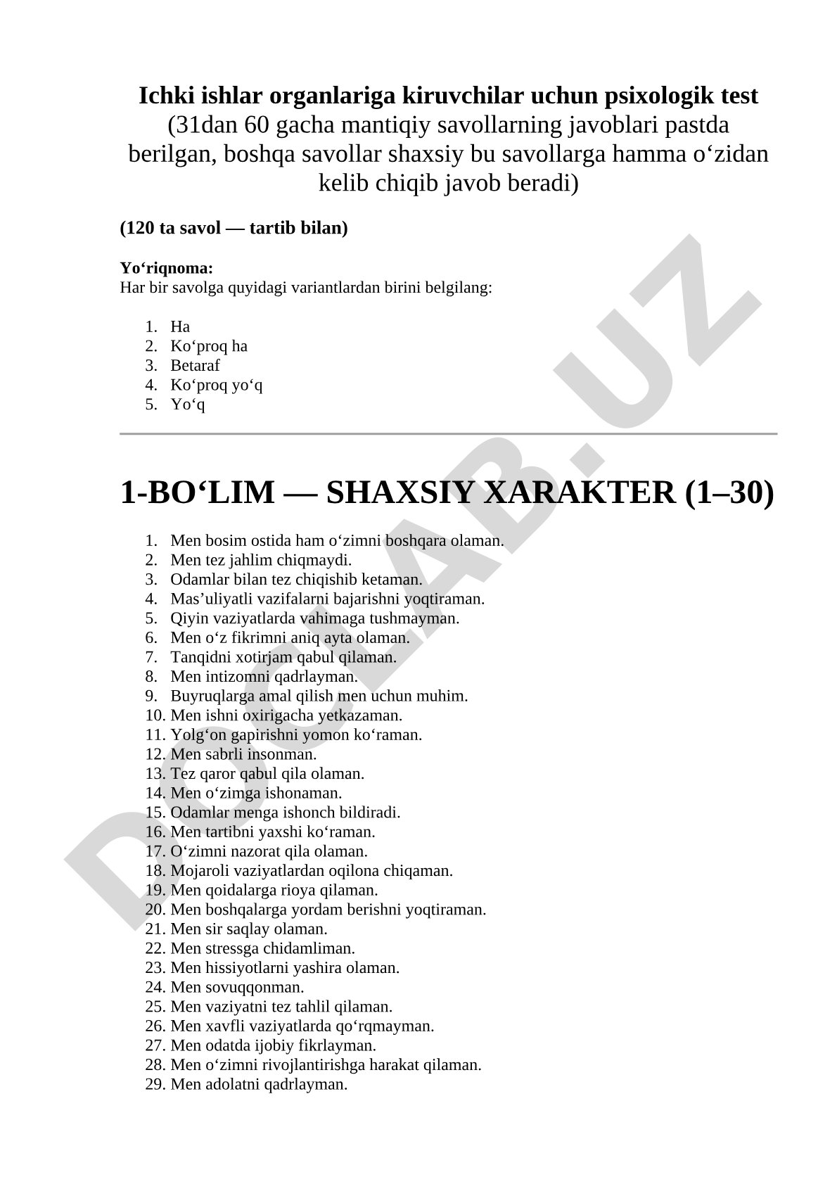 Ichki ishlar organlariga kiruvchilar uchun psixologik test
