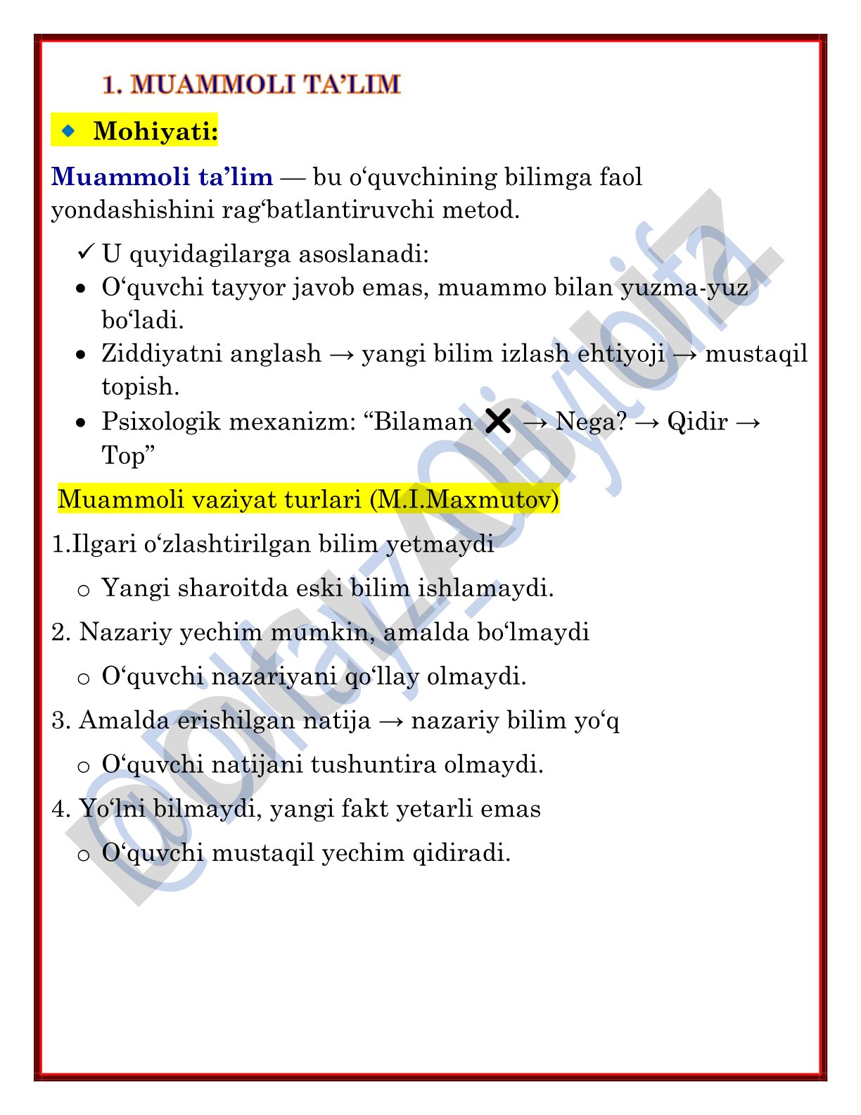 Muammoli ta'lim metodlari va turlari