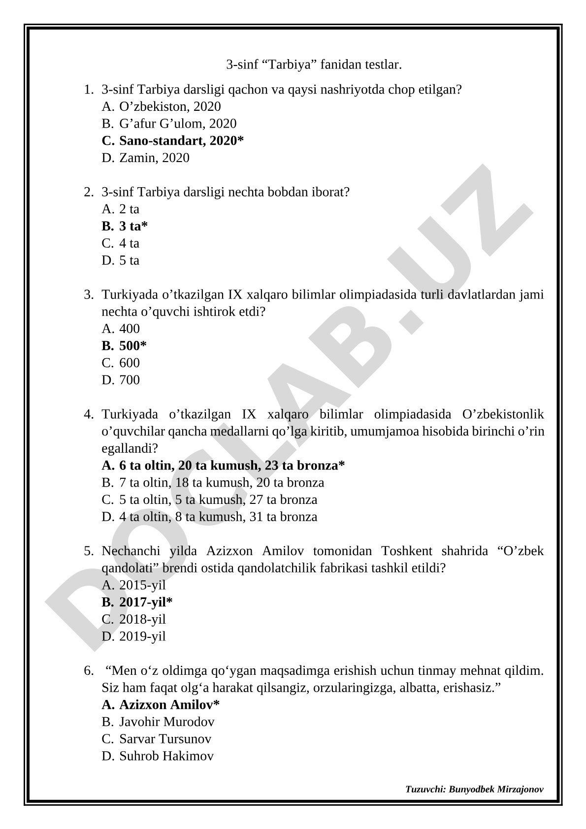 3-sinf Tarbiya fanidan testlar
