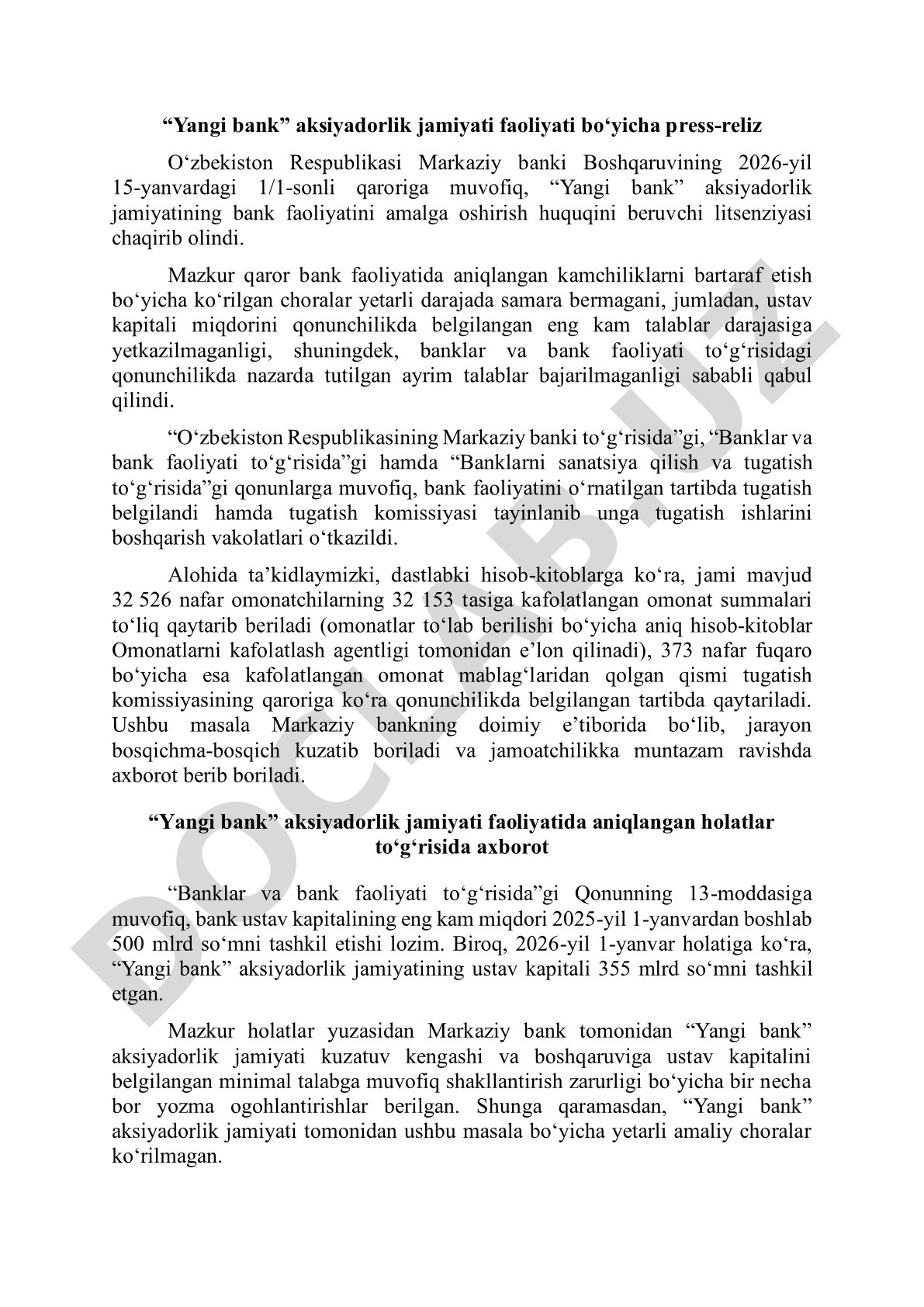 Yangi bank aksiyadorlik jamiyati faoliyati bo'yicha press-reliz