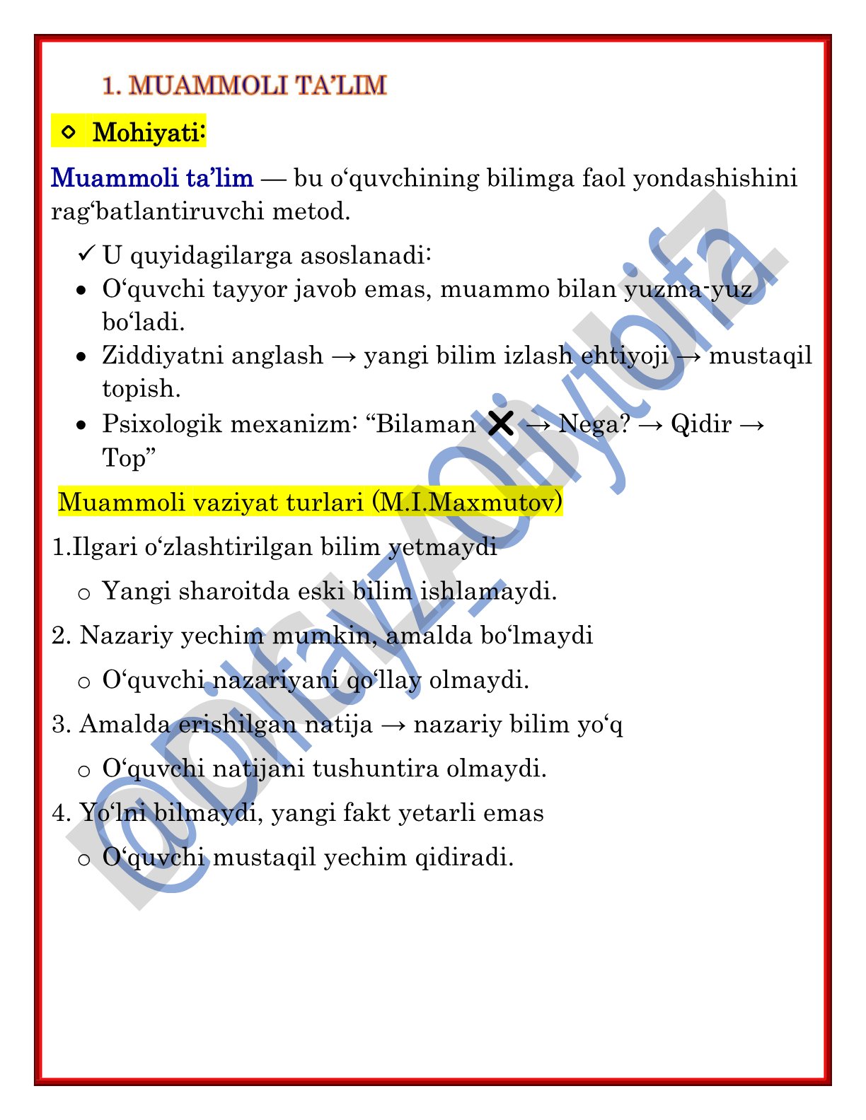 Muammoli ta'lim metodlari va turlari