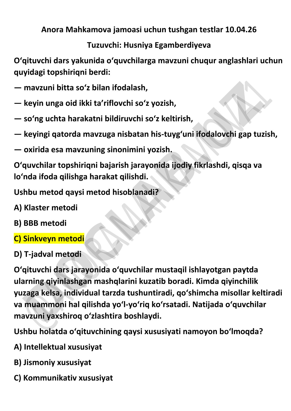 Sinkveyn metodi va didaktik qobiliyat