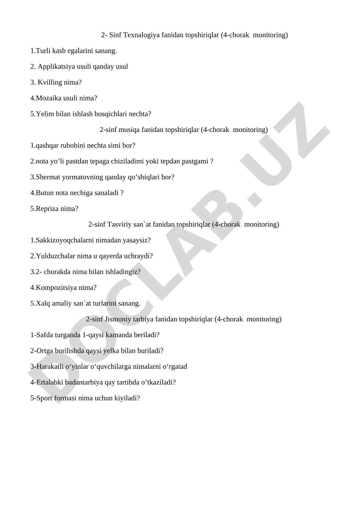 2-sinf fanlaridan 4-chorak monitoring topshiriqlari
