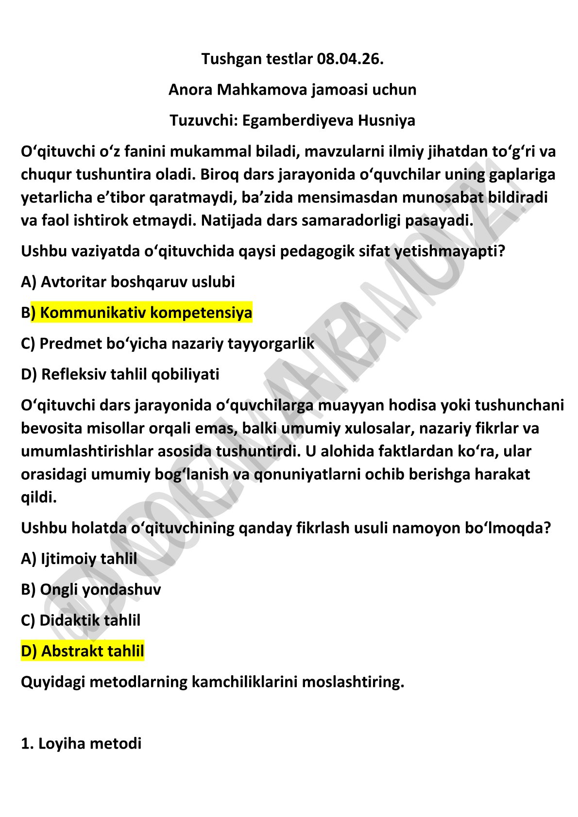 Pedagogik test savollari