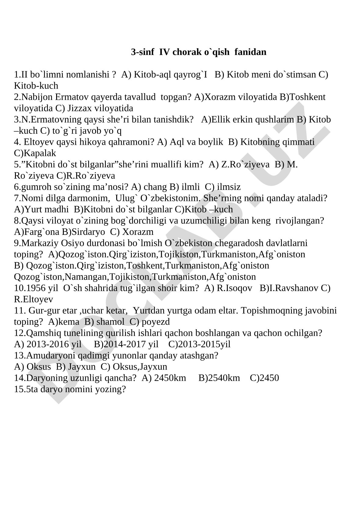 3-sinf IV chorak o'qish fanidan test savollari