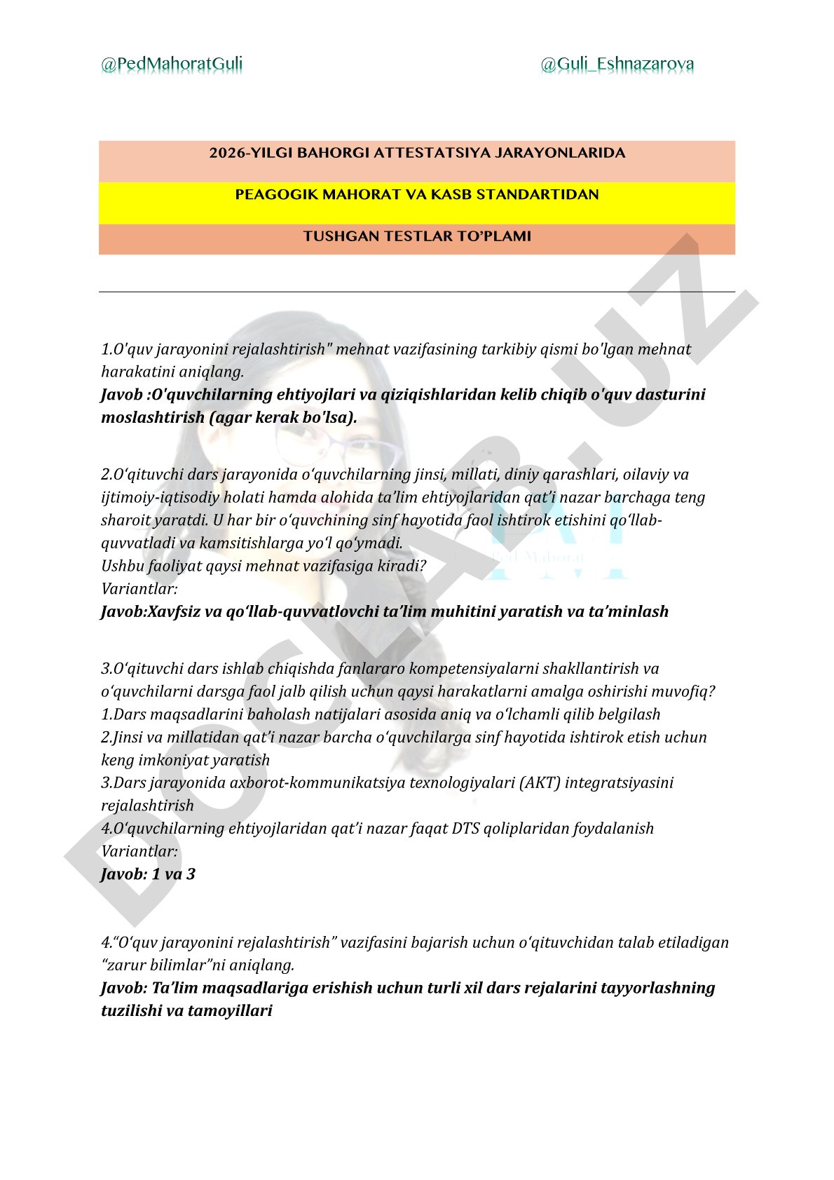 2026-yilgi bahorgi attestatsiya jarayonlarida pedagogik mahorat va kasb standartidan tushgan testlar to'plami