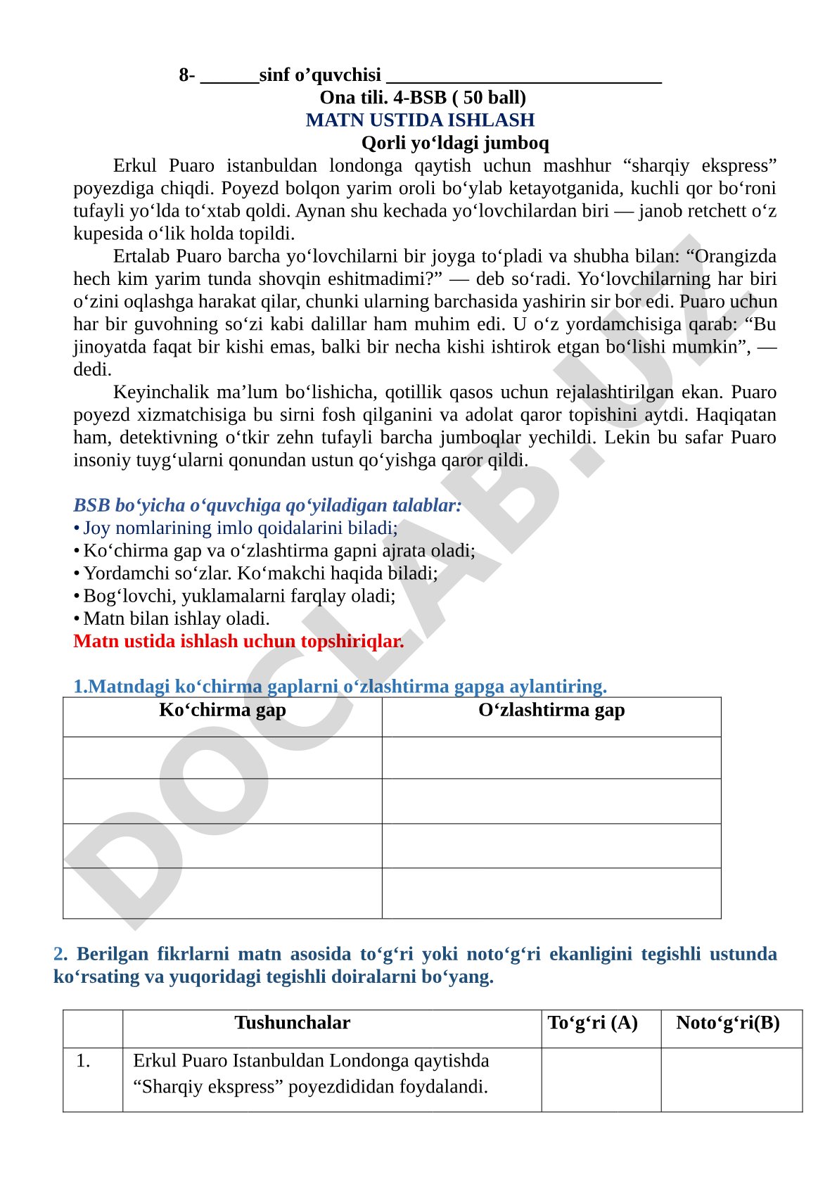 Ona tili. 4-BSB matn ustida ishlash