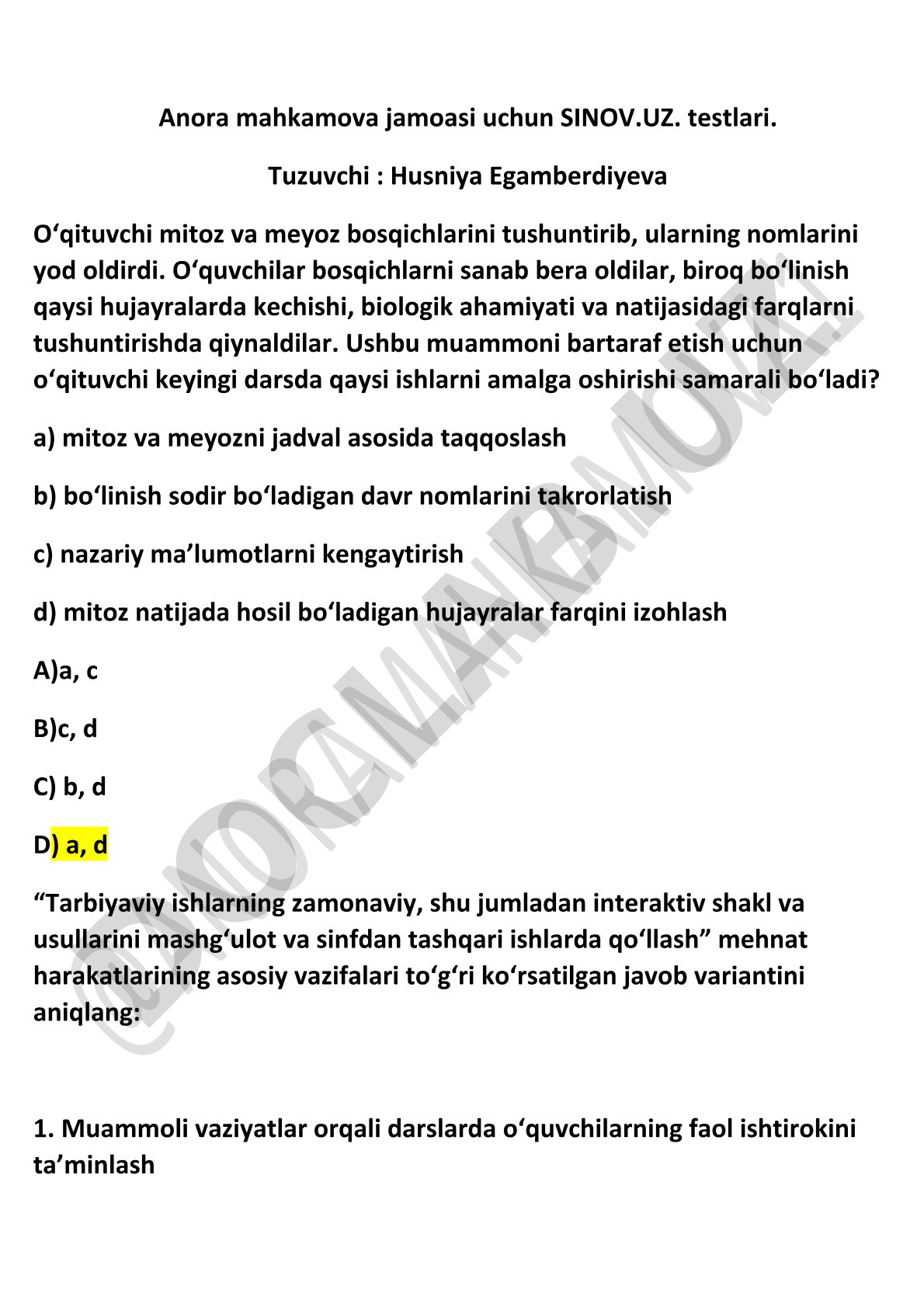 Mitoz va meyoz bosqichlarini o'rgatish metodikasi