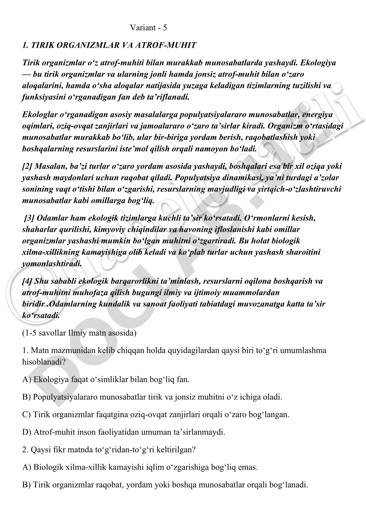 Tirik organizmlar va atrof-muhit