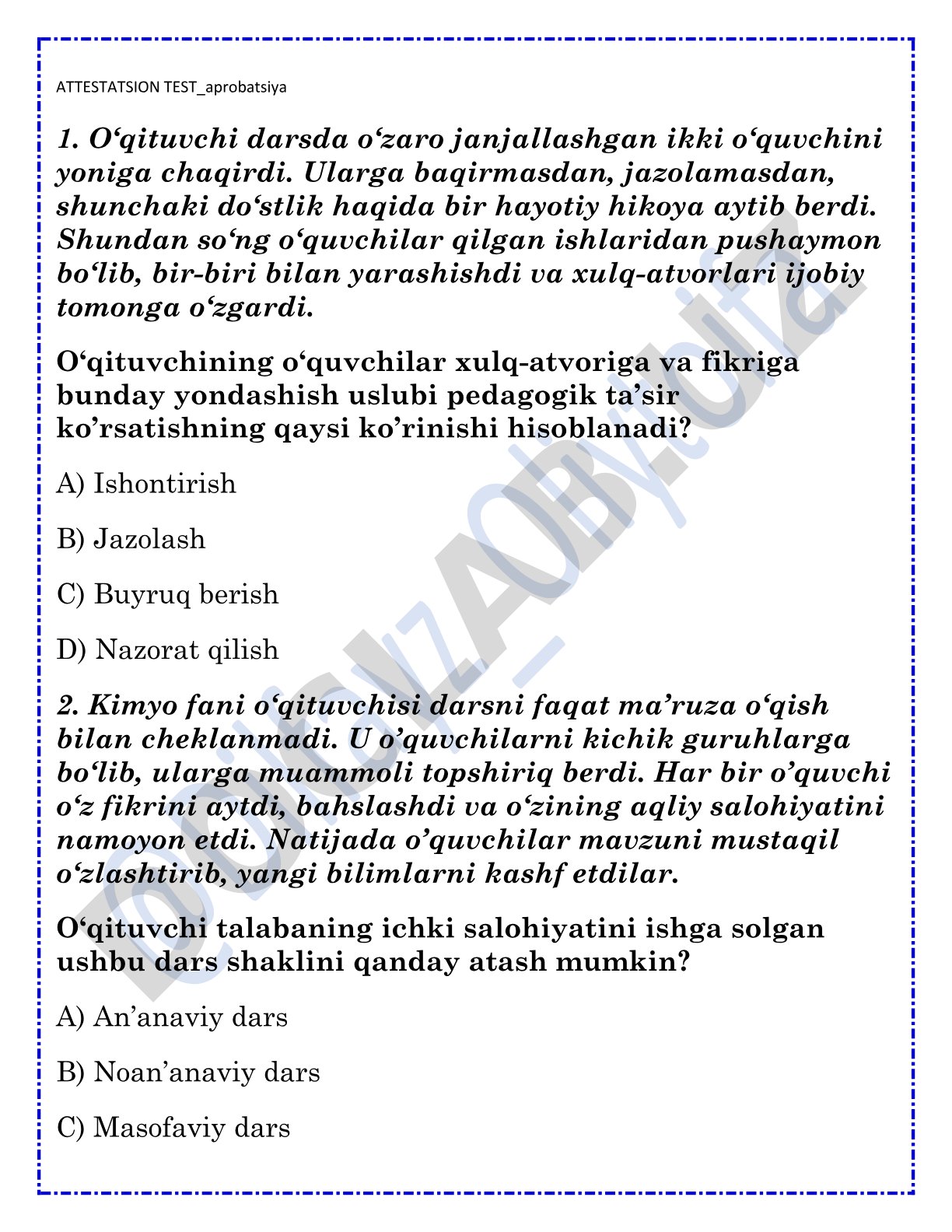 O'qituvchining o'quvchilar xulq-atvoriga ta'sir usullari va dars shakllari