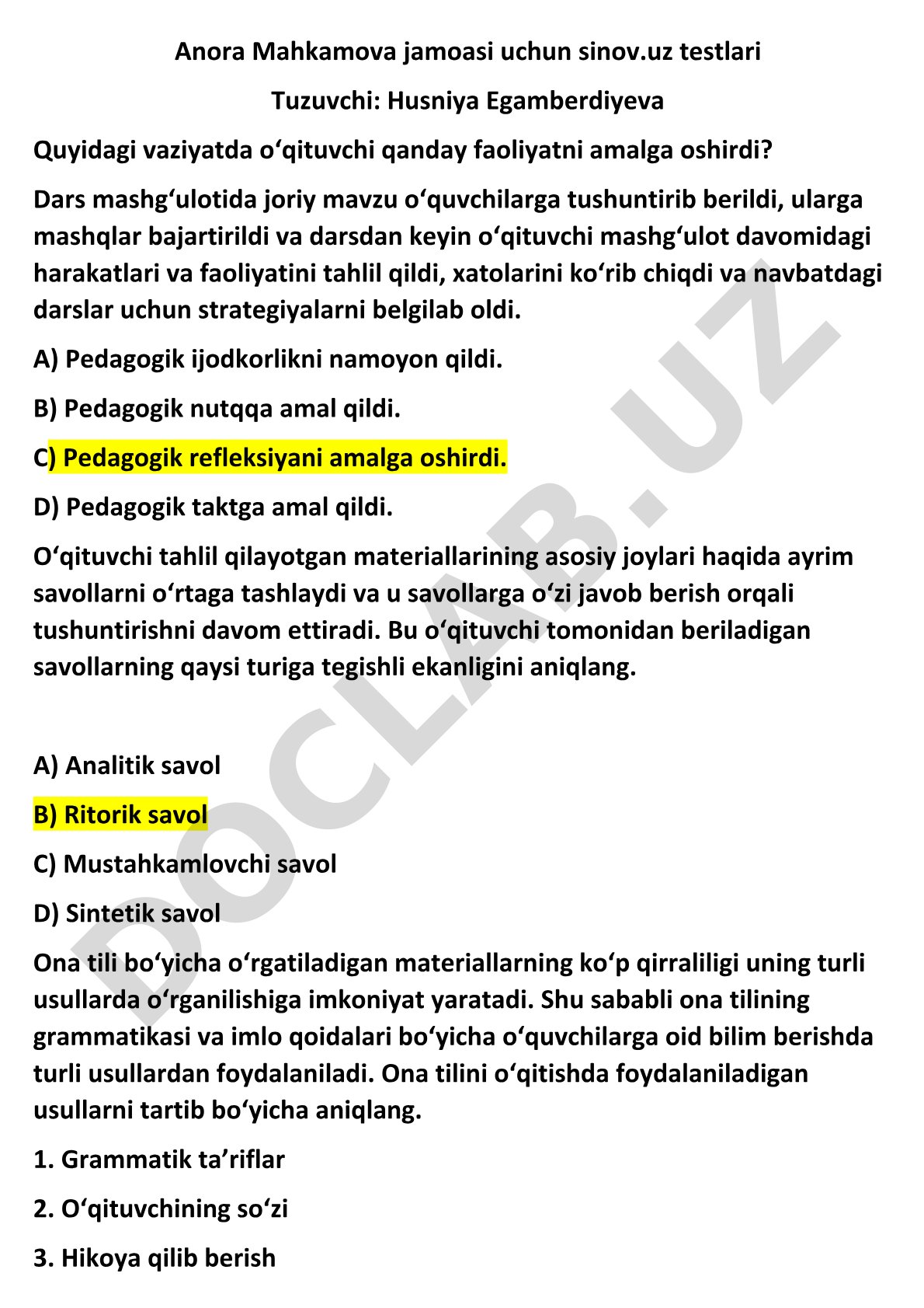 Pedagogik refleksiya va savol turlari