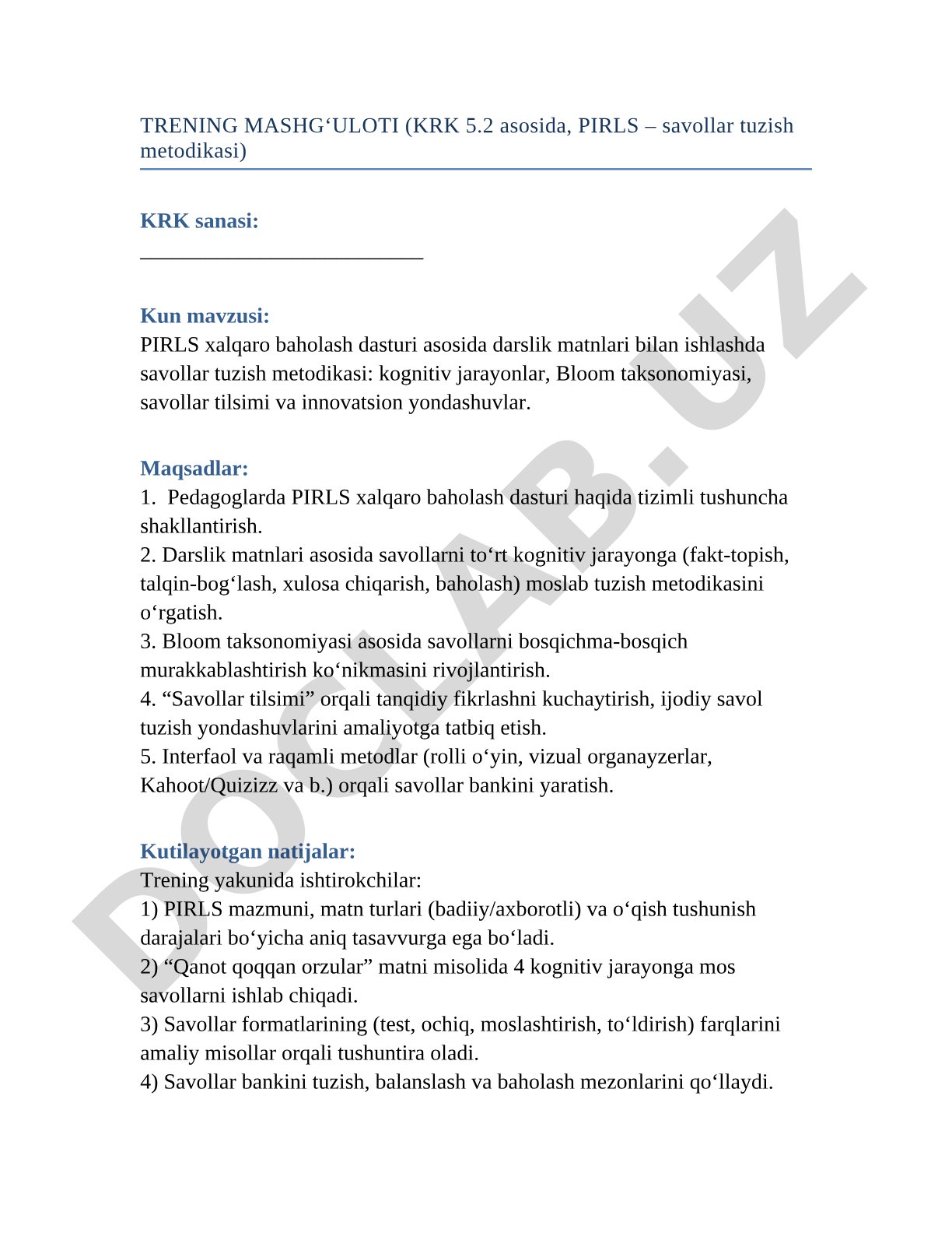 PIRLS xalqaro baholash dasturi asosida darslik matnlari bilan ishlashda savollar tuzish metodikasi