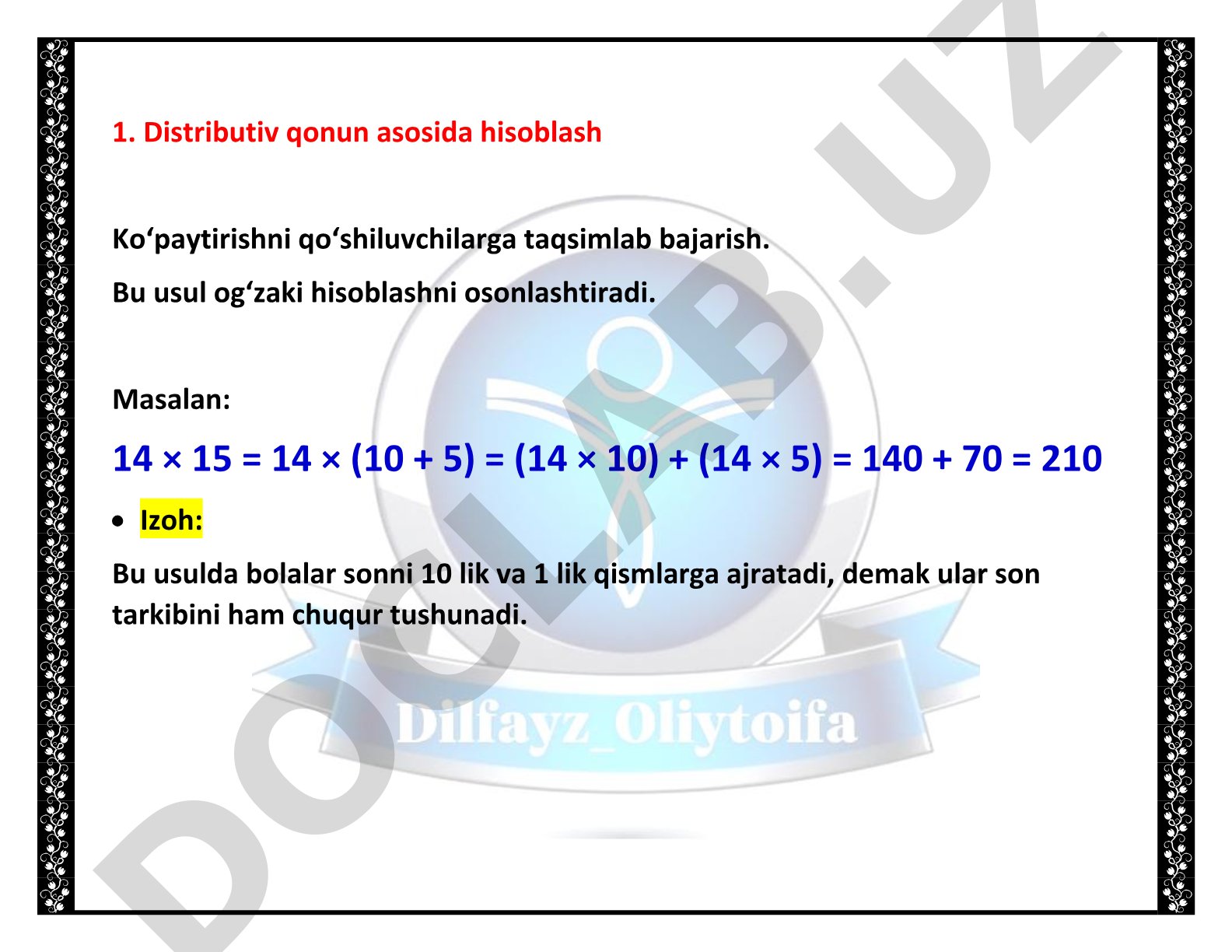 Distributiv qonun va qisqa ko'paytirish usullari