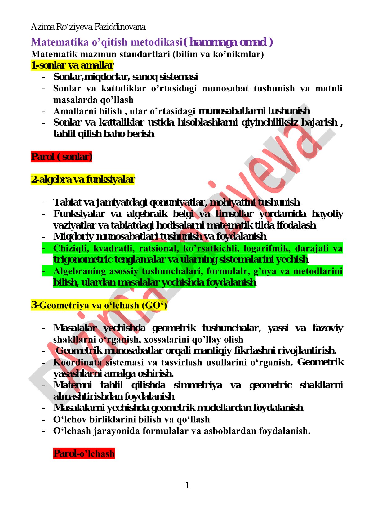 Matematika o'qitish metodikasi: Matematik mazmun standartlari