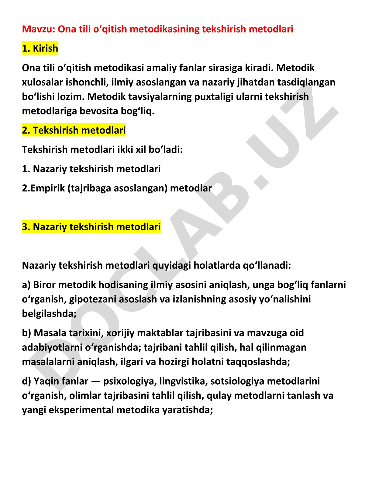 Ona tili o‘qitish metodikasining tekshirish metodlari