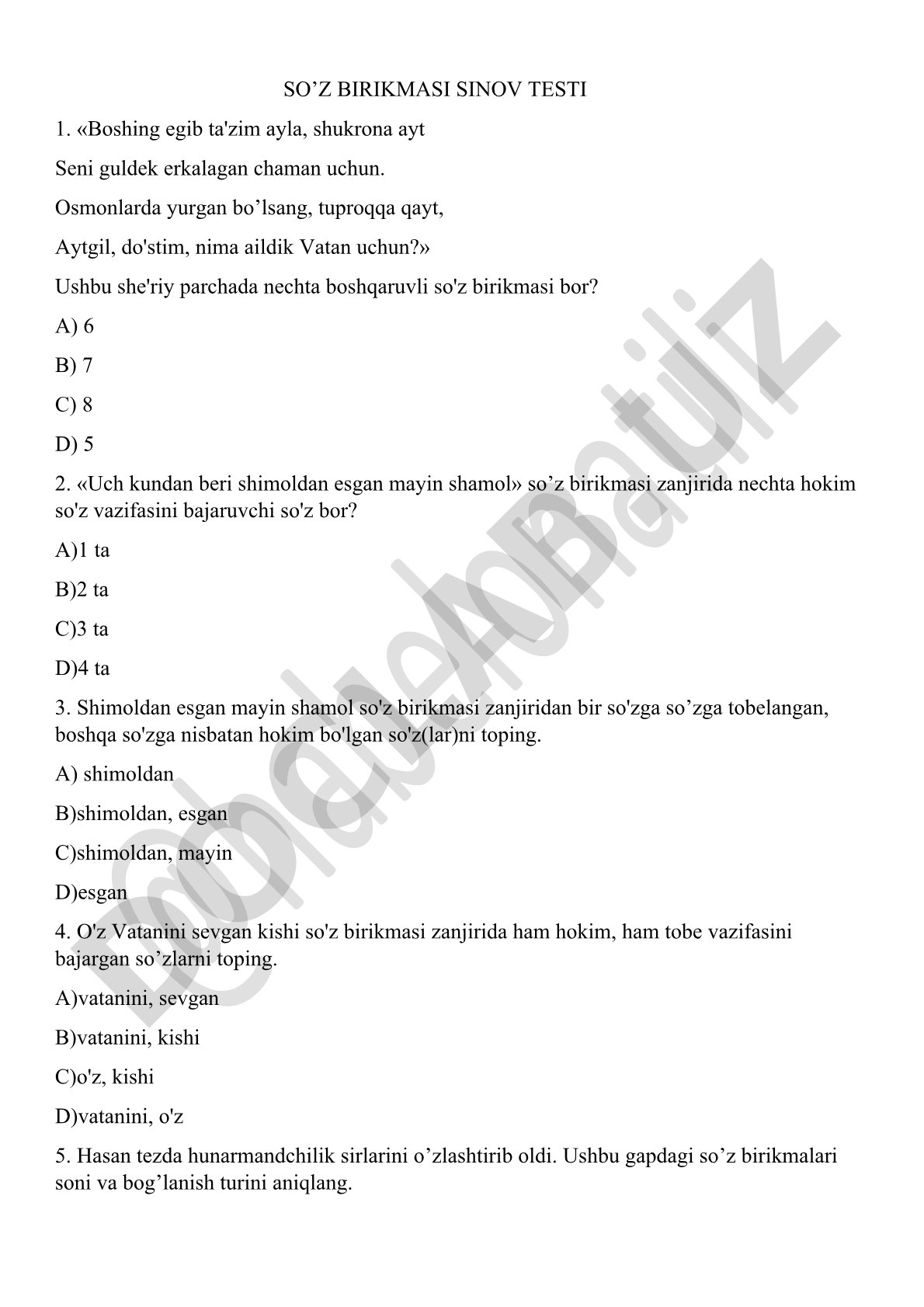So'z birikmasi sinov testi