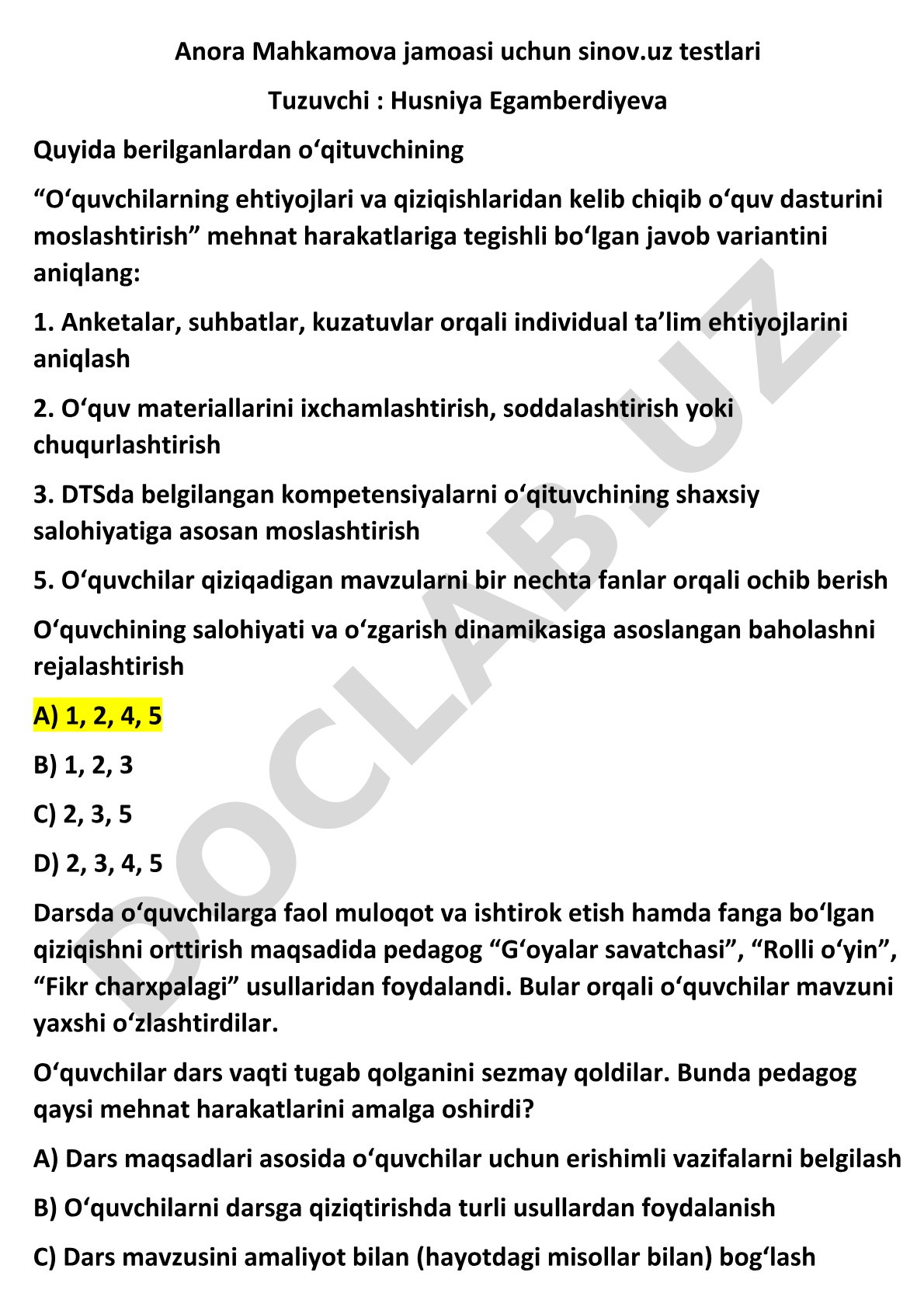 O'qituvchining mehnat harakatlari va o'quvchilarning ehtiyojlariga moslashtirish