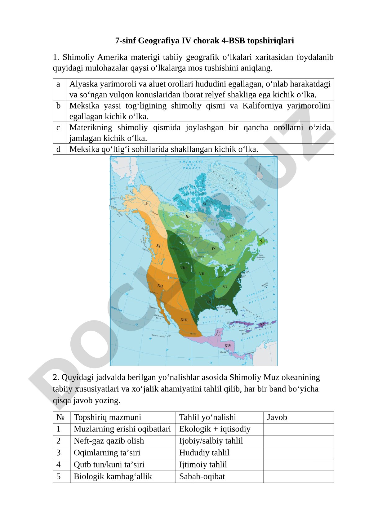 7-sinf Geografiya IV chorak 4-BSB topshiriqlari