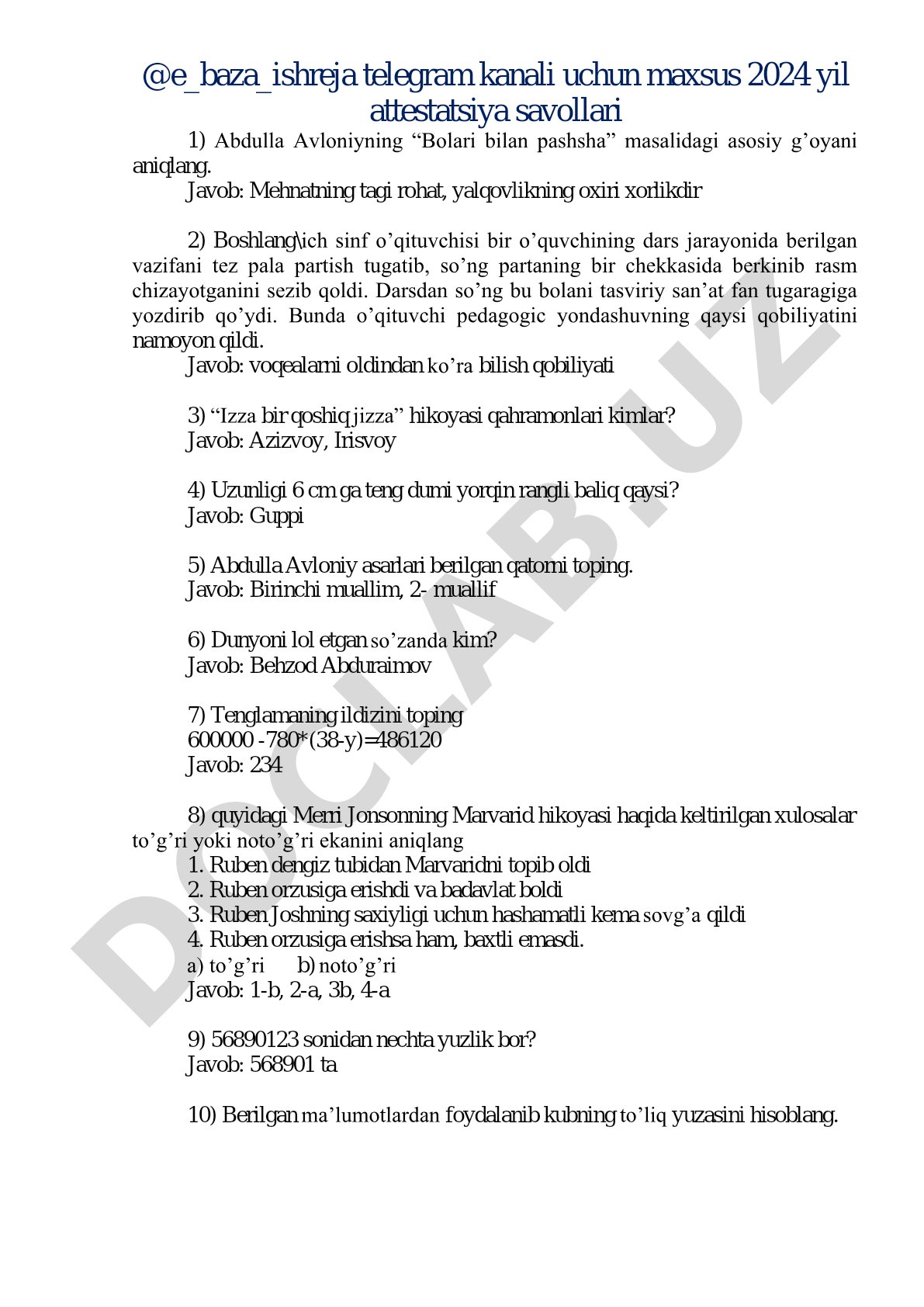 2024 yil attestatsiya savollari