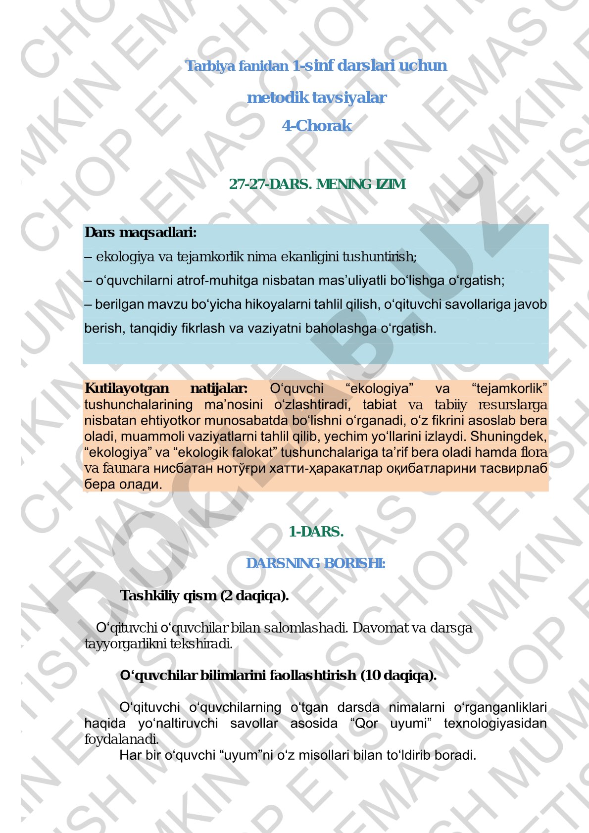Tarbiya fanidan 1-sinf darslari uchun metodik tavsiyalar 4-Chorak 27-27-DARS. MENING IZIM