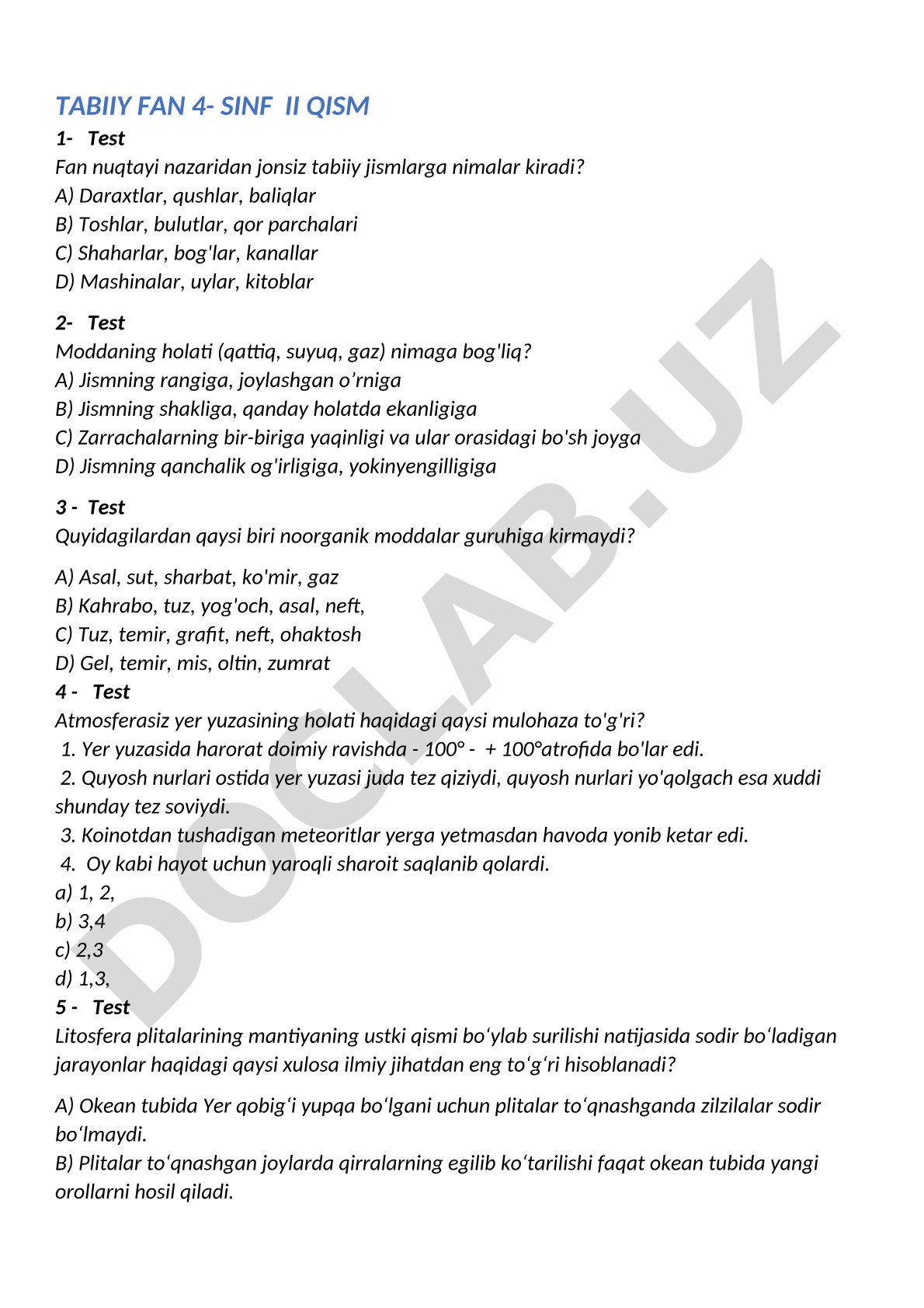 Tabiiy fan 4-sinf II qism test savollari