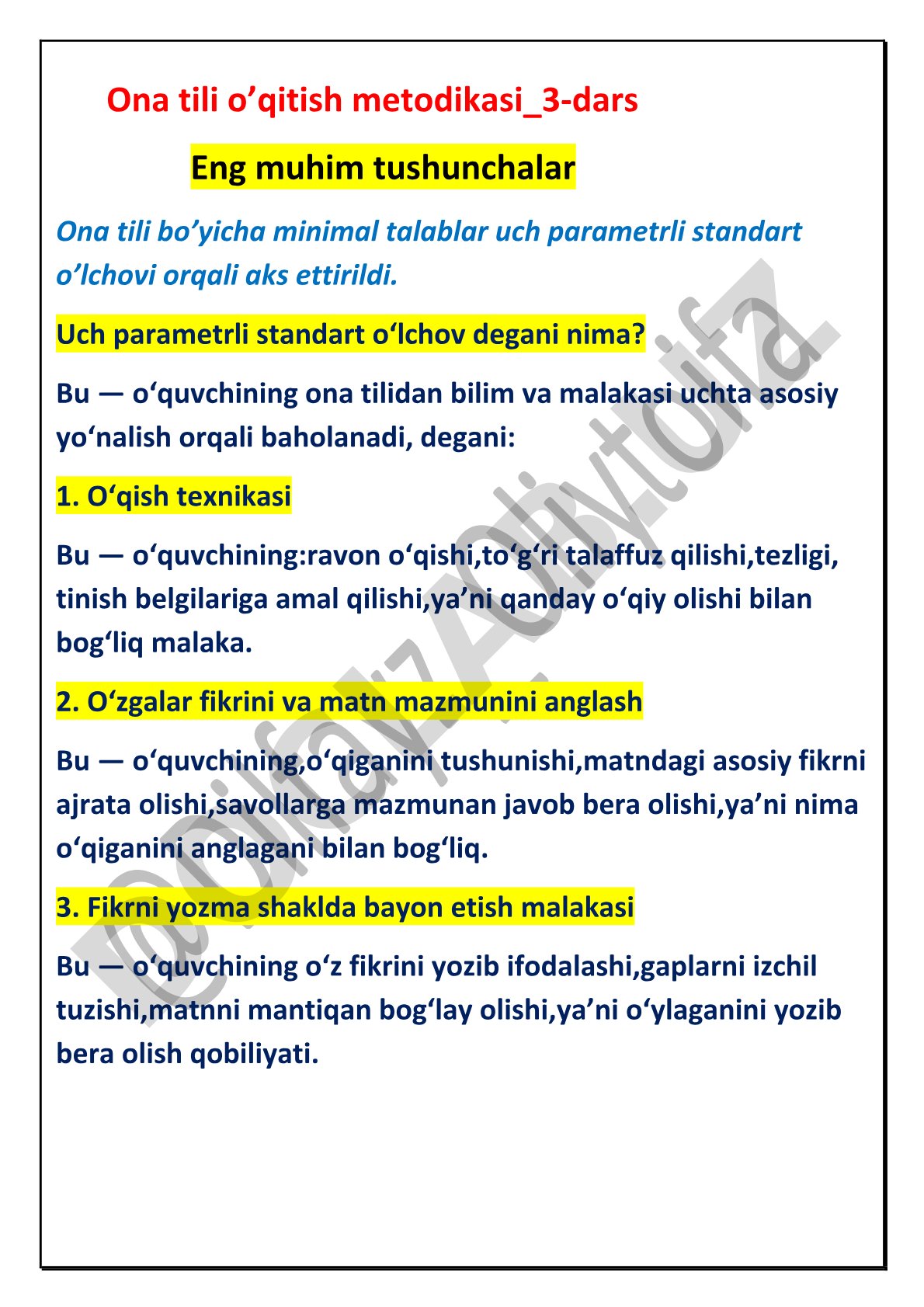 Ona tili o'qitish metodikasi: uch parametrli standart o'lchov va boshlang'ich sinflarda mashg'ulot turlari