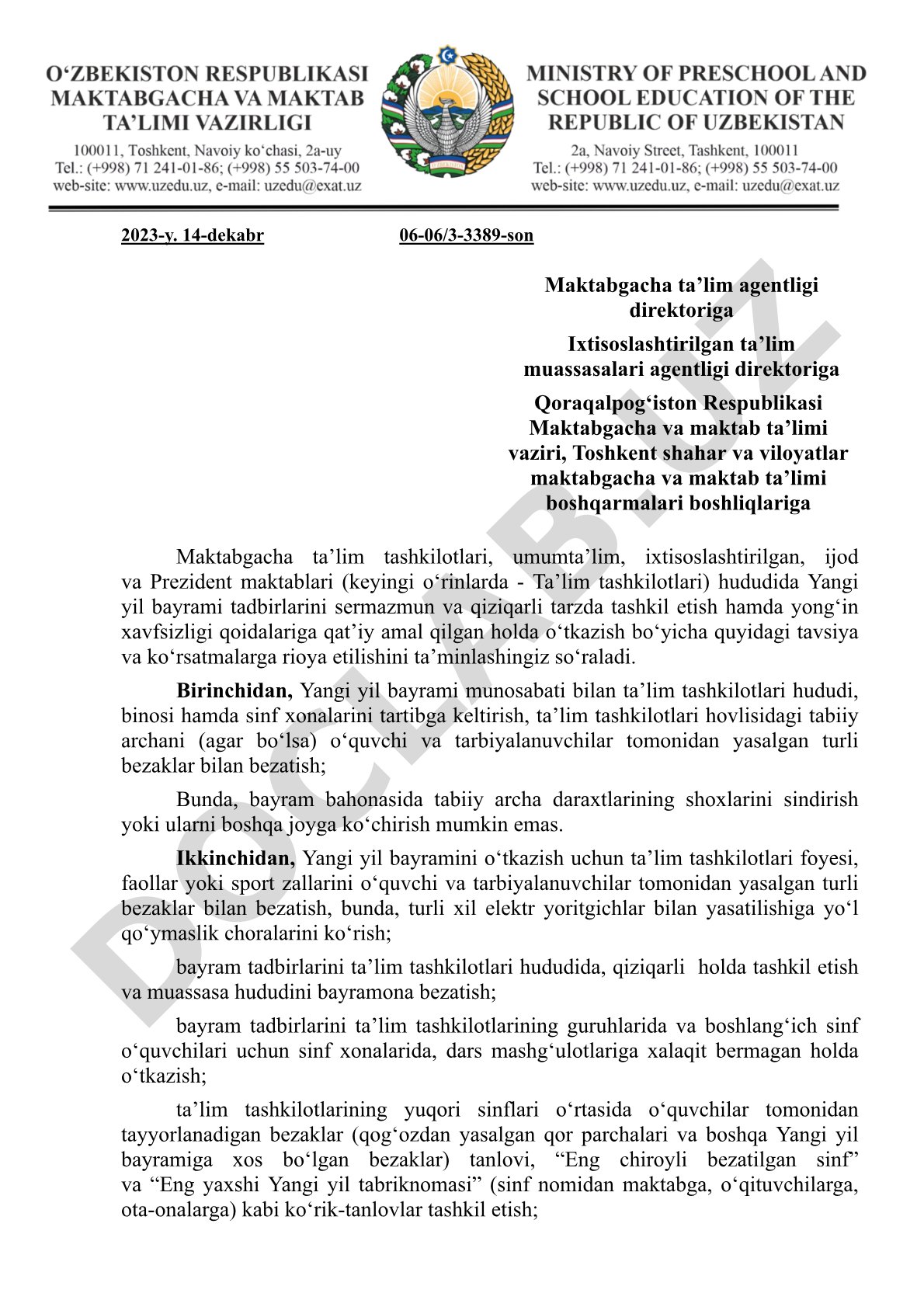 Maktabgacha ta'lim tashkilotlari, umumta'lim, ixtisoslashtirilgan, ijod va Prezident maktablarida Yangi yil bayrami tadbirlarini tashkil etish bo'yicha tavsiyalar