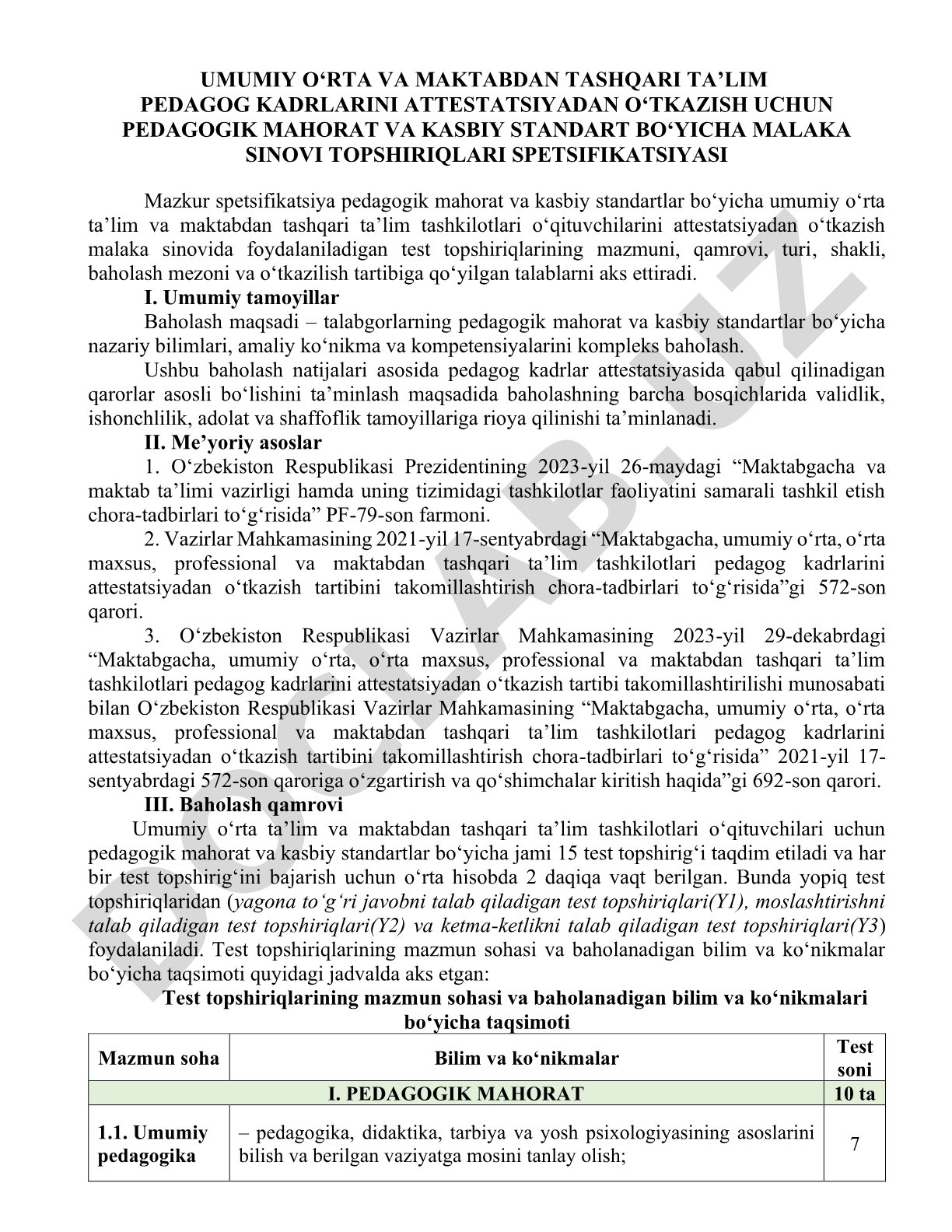 Pedagogik mahorat va kasbiy standart bo'yicha malaka sinovi topshiriqlari spetsifikatsiyasi