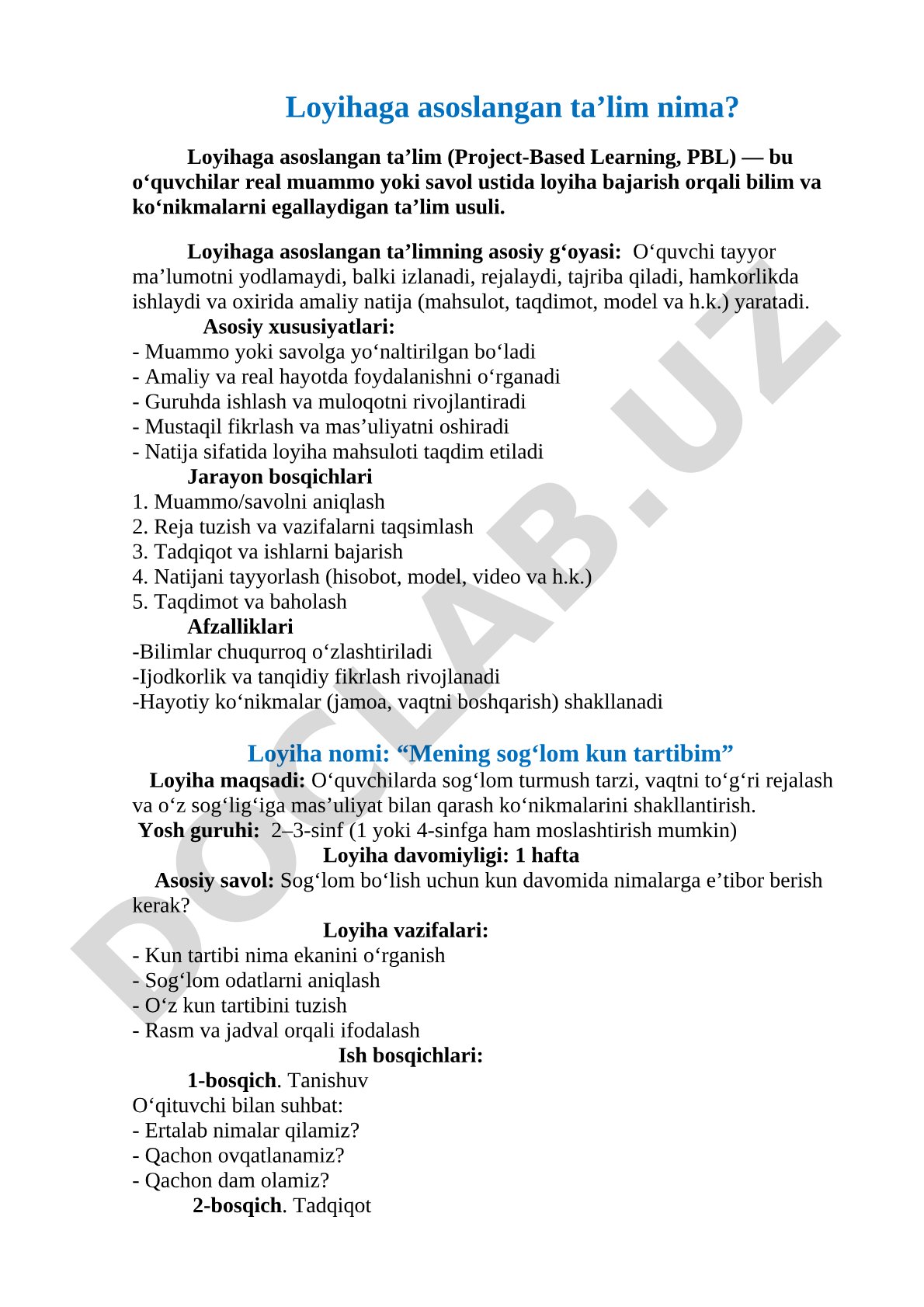 Loyihaga asoslangan ta'lim va uning xususiyatlari