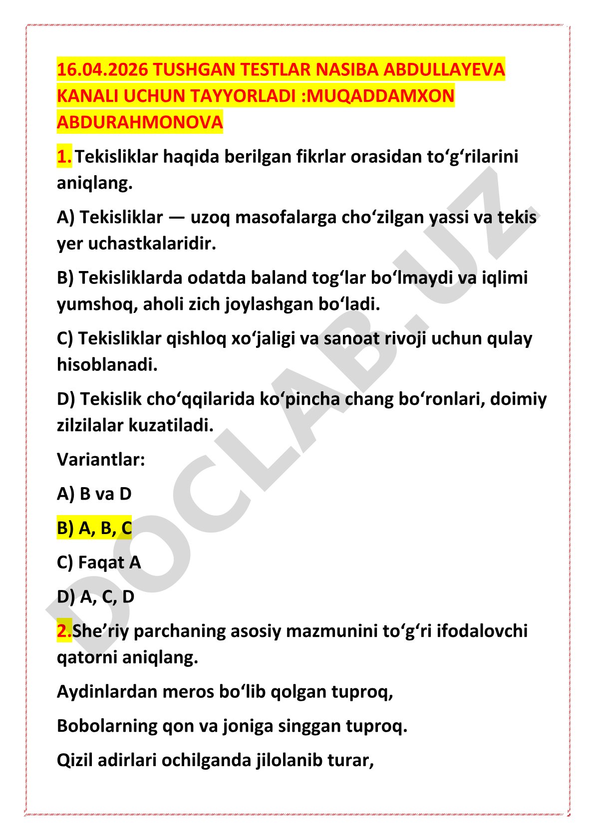 Tekisliklar haqida test savollari