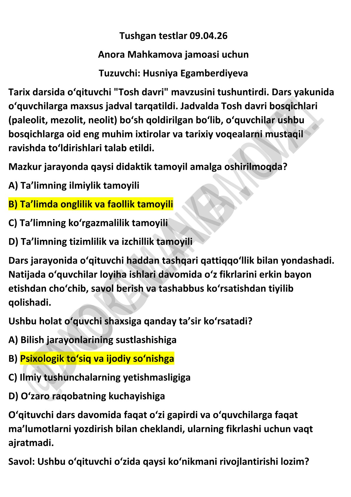 Tosh davri mavzusidagi test savollari