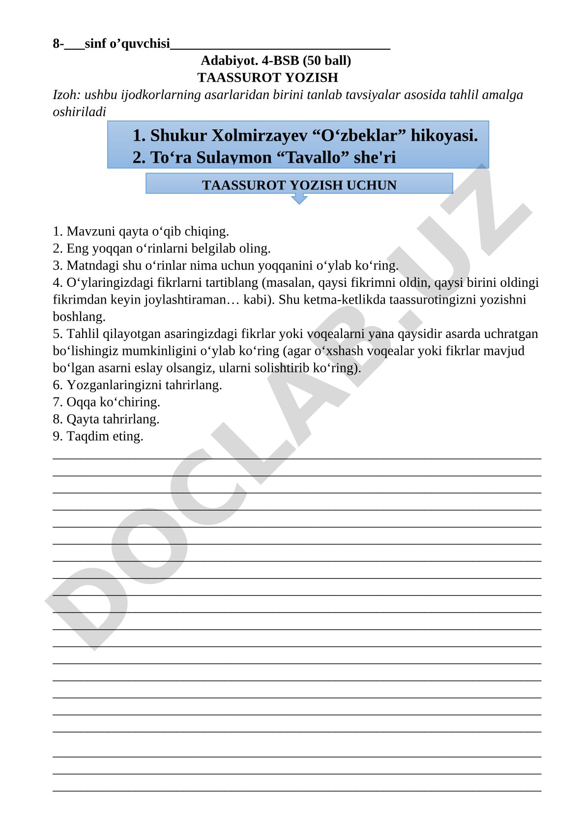 Adabiyot 4-BSB taassurot yozish topshirig'i