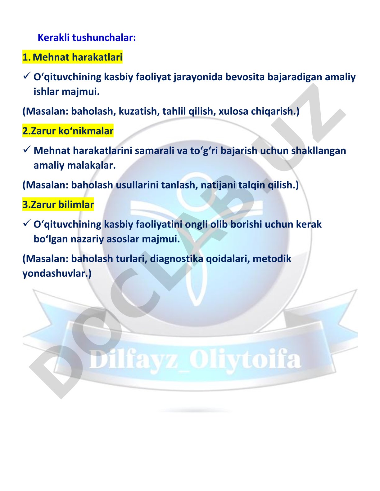 O'qituvchining kasbiy faoliyatida mehnat harakatlari, zarur ko'nikmalar va bilimlar